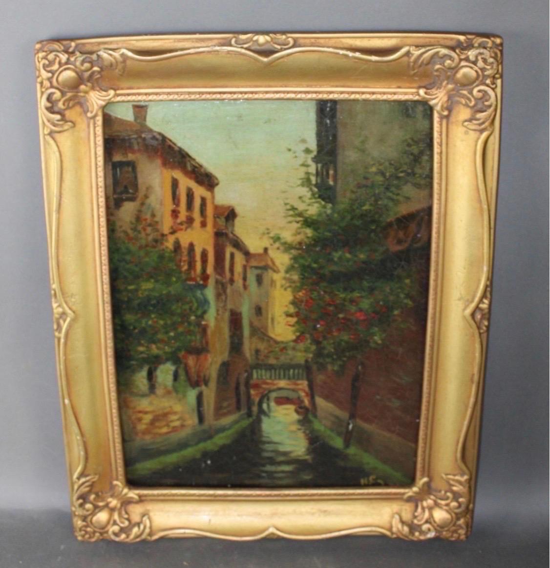 Peinture à l'huile vintage sur toile représentant une scène du canal de Venise, encadrée professionnellement dans un magnifique cadre en bois doré à Atlanta, Géorgie.

La peinture est signée dans le coin inférieur droit. 

La peinture n'a pas été