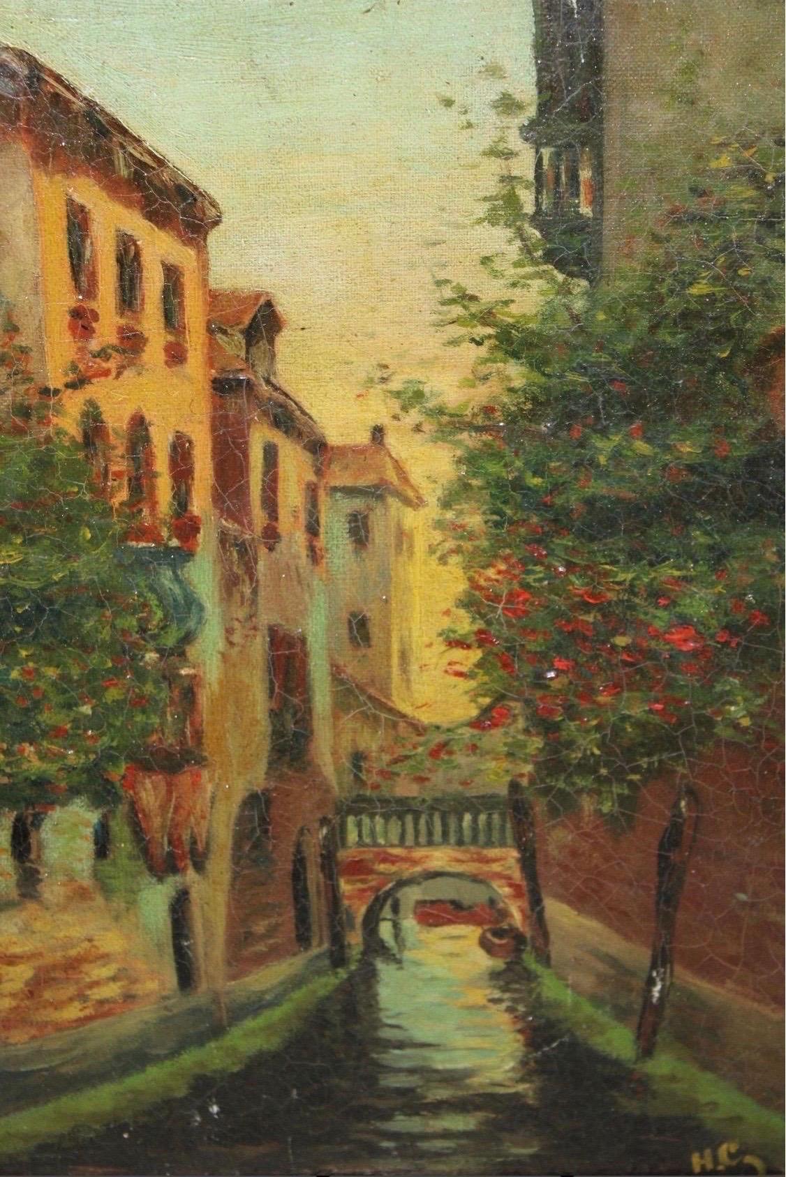 Mid-Century Modern Peinture à l'huile sur toile d'une scène de canal de Venise avec cadre en bois doré en vente