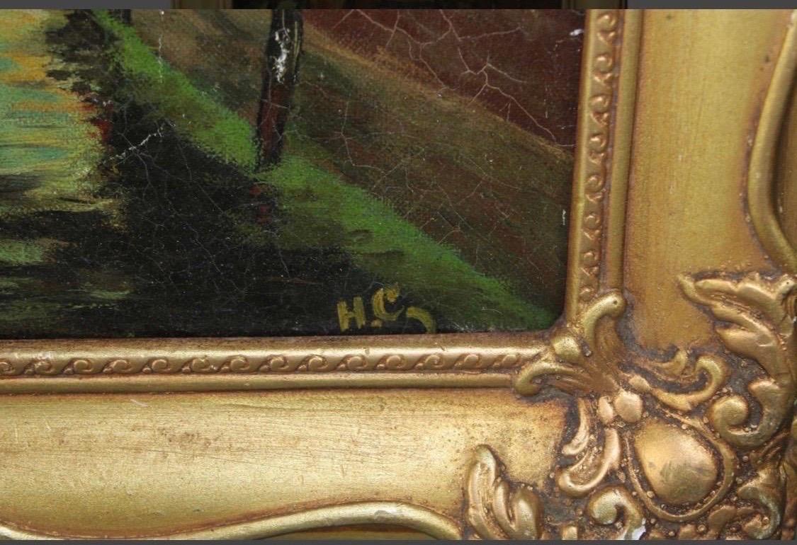 Peint à la main Peinture à l'huile sur toile d'une scène de canal de Venise avec cadre en bois doré en vente