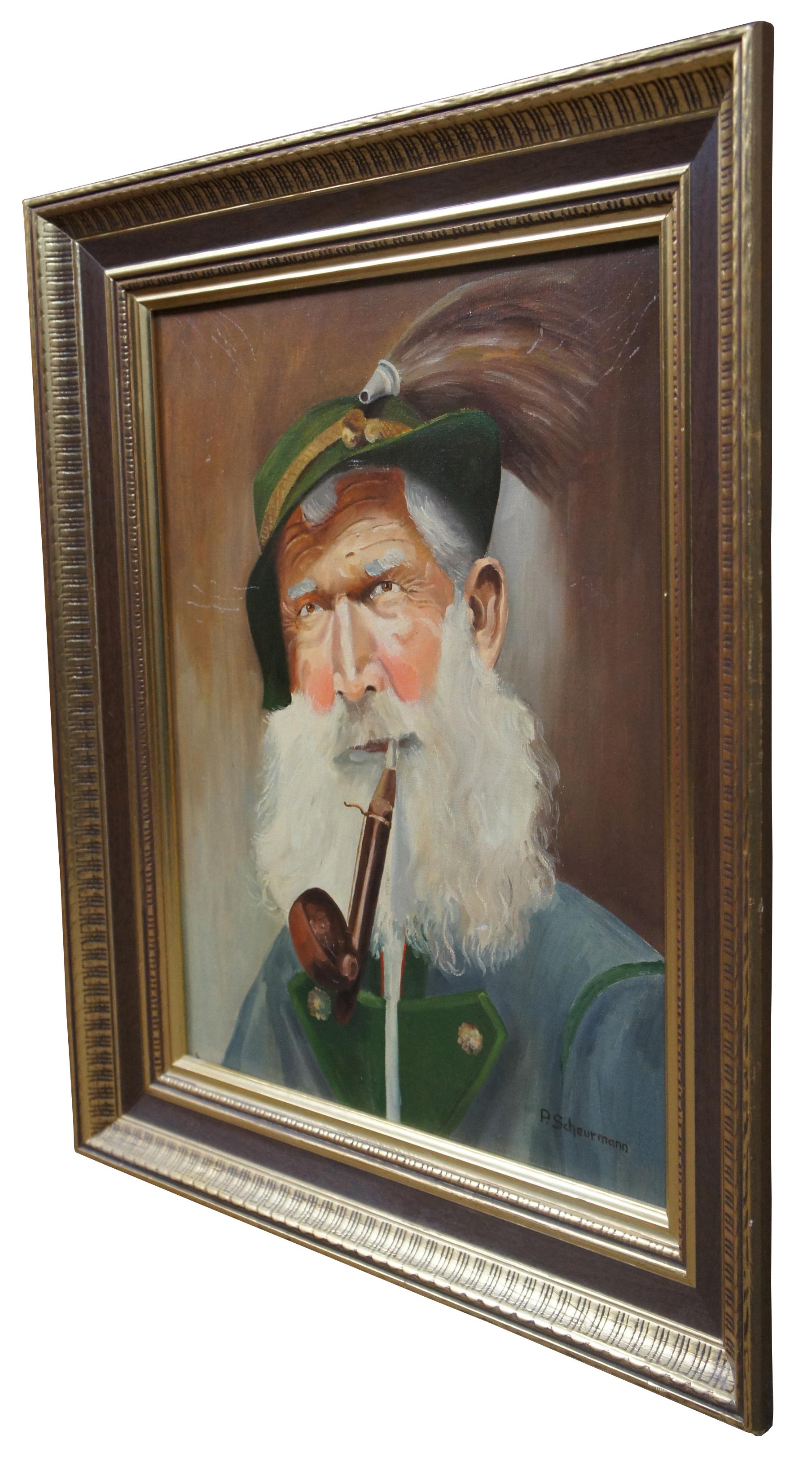 Vintage oil on canvas painting signed P. Scheurmann, showing an old German man dressed in traditional attire with a white beard and pipe wearing a green feathered hat.

Measures: 21.5” x 2.5” x 25.5” / sans frame - 15.5” x 19.5” (Width x Depth x