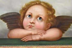 Vintage Oil Painting on Wood with a Winged Cherub