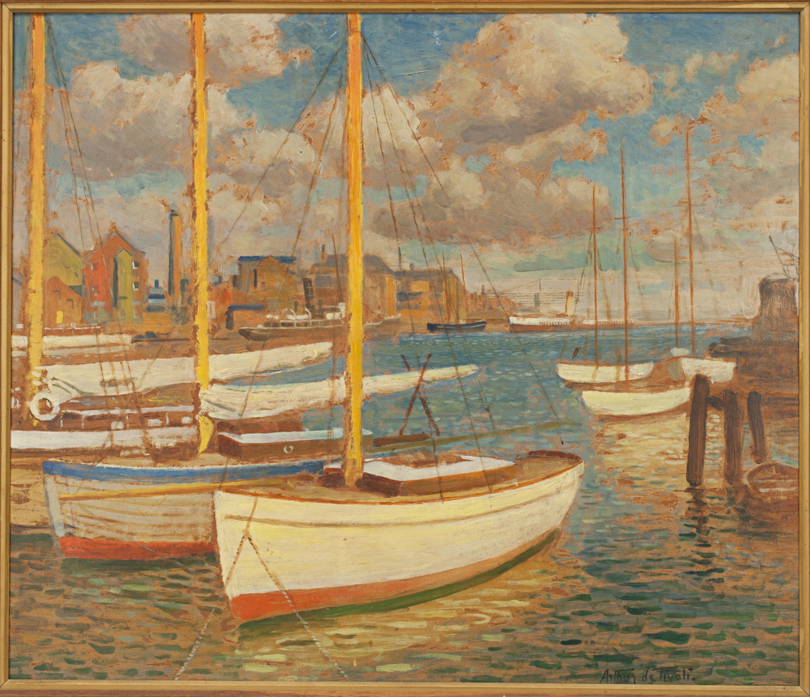 Oil on board by Arthur De Tivoli, Poole Harbour.
A very good oil on board by the Italian artist Arthur (arturo) de Tivoli (1891 - 1961) of Poole harbour, signed lower right by the artist. There is a hand written label on the rear that reads 'Arthur