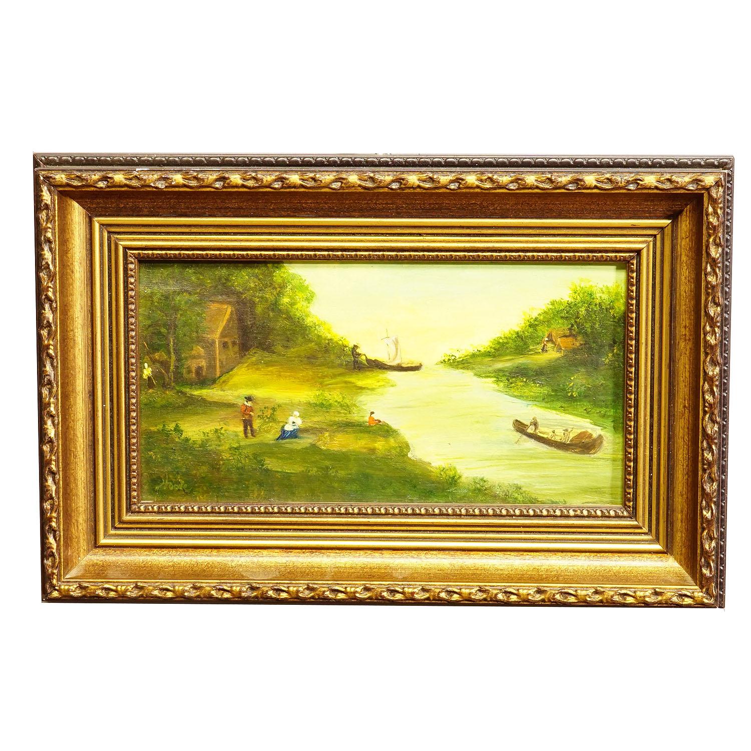 Vintage Oil Painting Victorian River Landscape

A lovely vintage oil painting depicting a Victorian riverside landscape with boats on the river and people on the bank. Painted in bright colors on canvas in Germany 1st half of the 20th century.