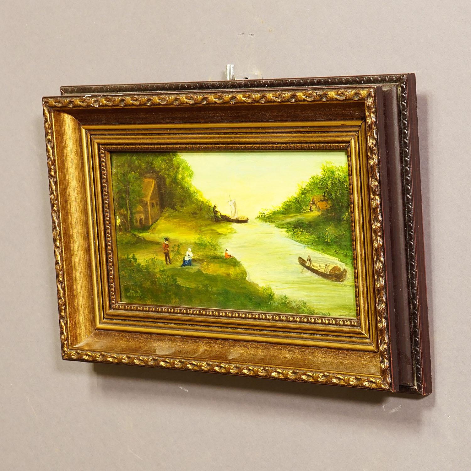 Biedermeier Peinture à l'huile vintage - Paysage de rivière victorien en vente