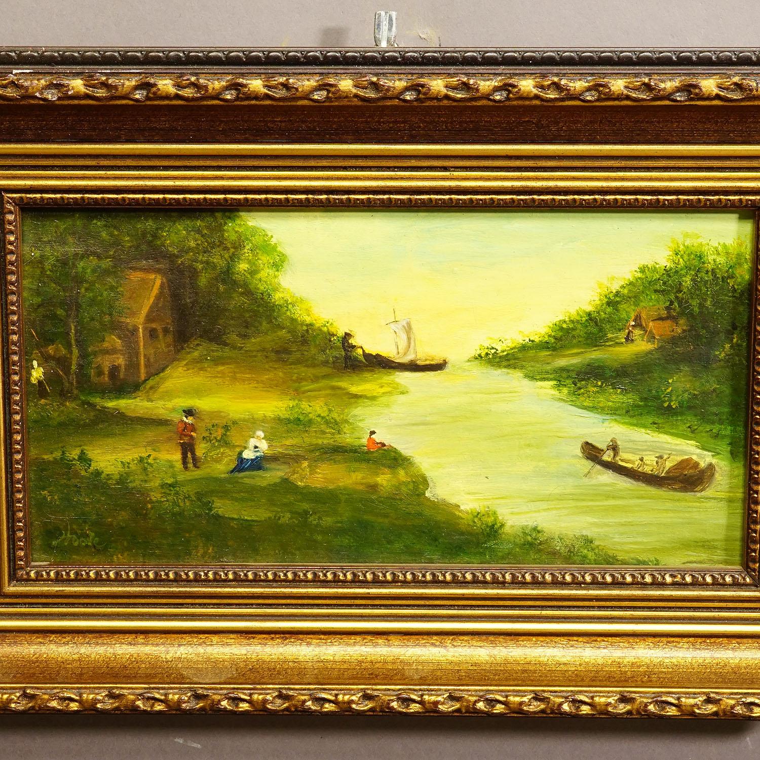 German Vintage Oil Painting Victorian River Landscape For Sale