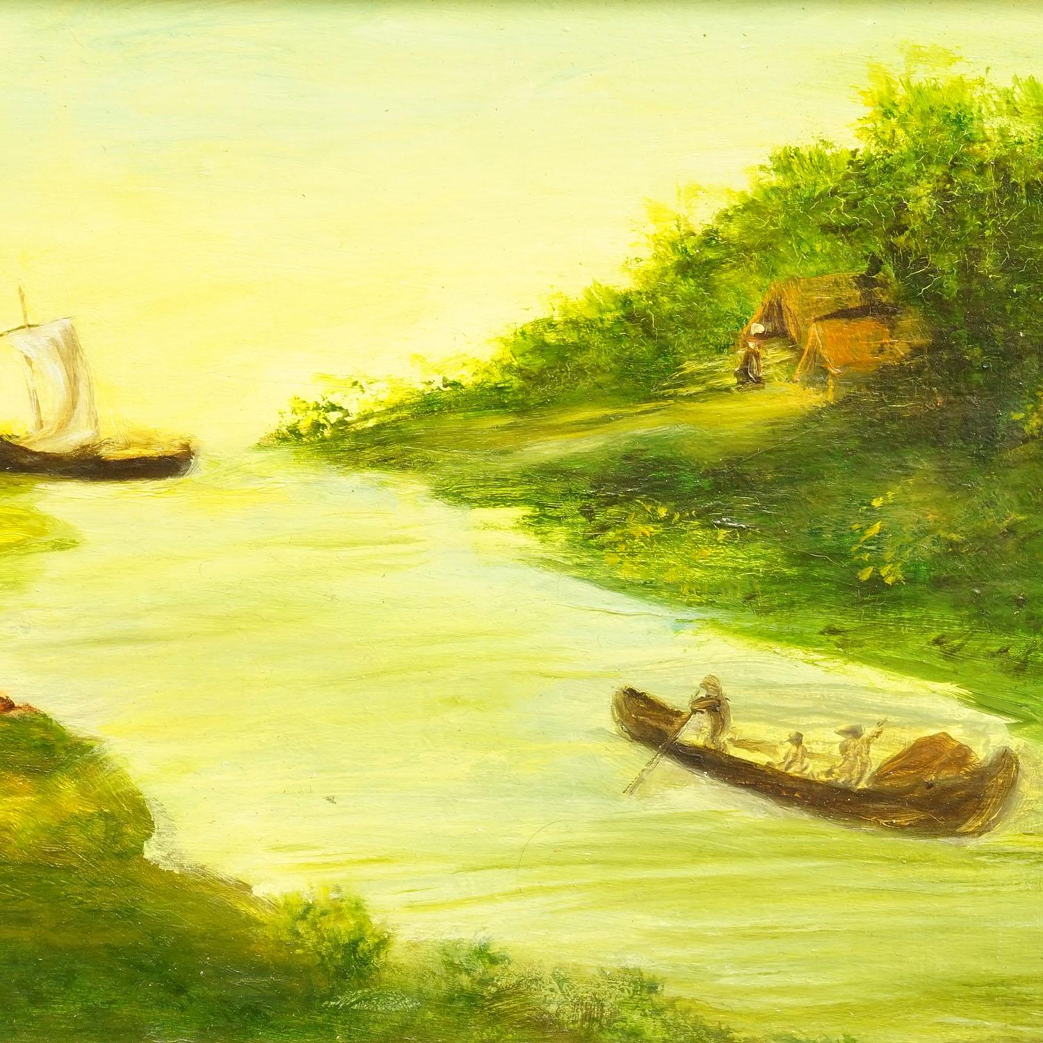 Vintage Oil Painting Victorian River Landscape In Good Condition For Sale In Berghuelen, DE