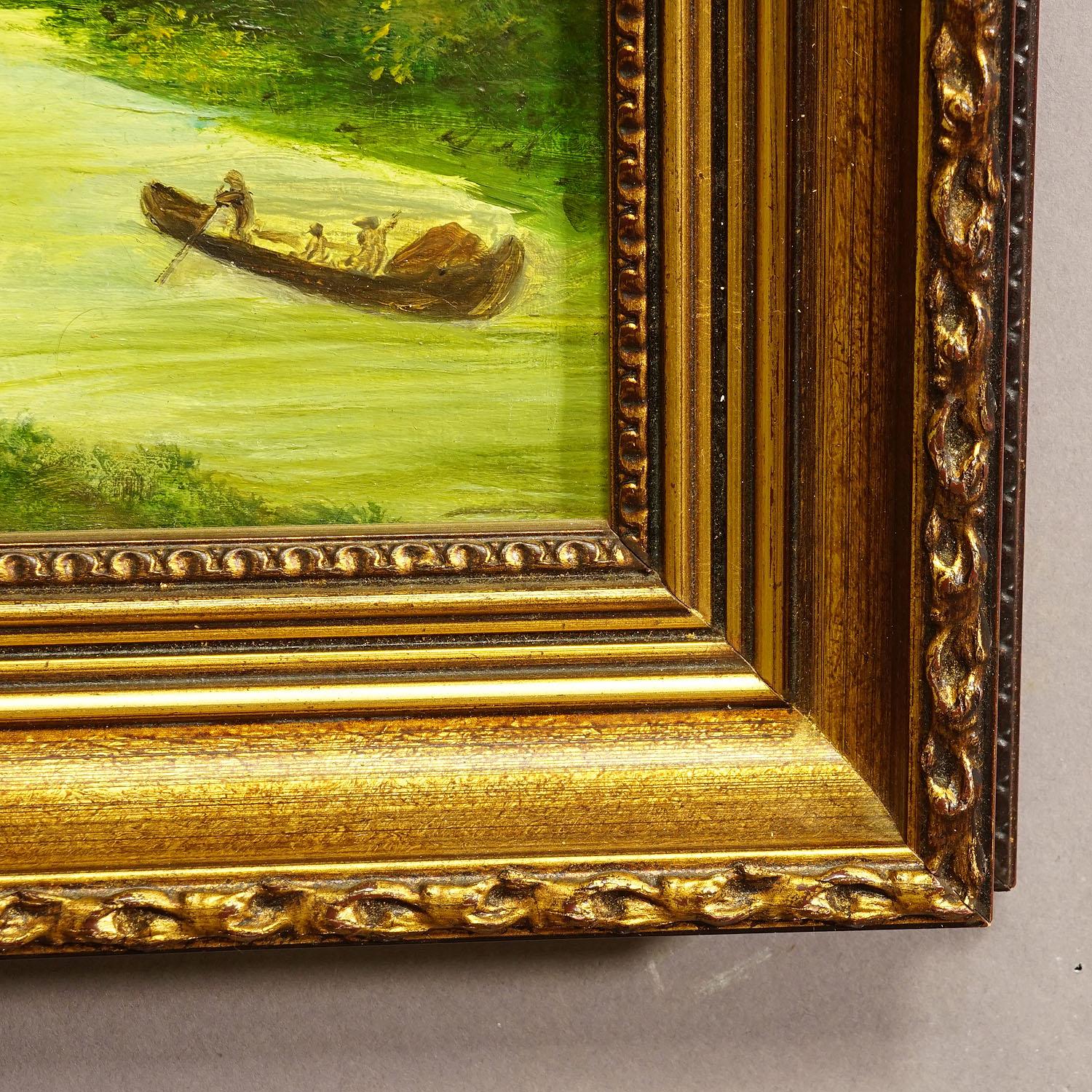 Toile Peinture à l'huile vintage - Paysage de rivière victorien en vente