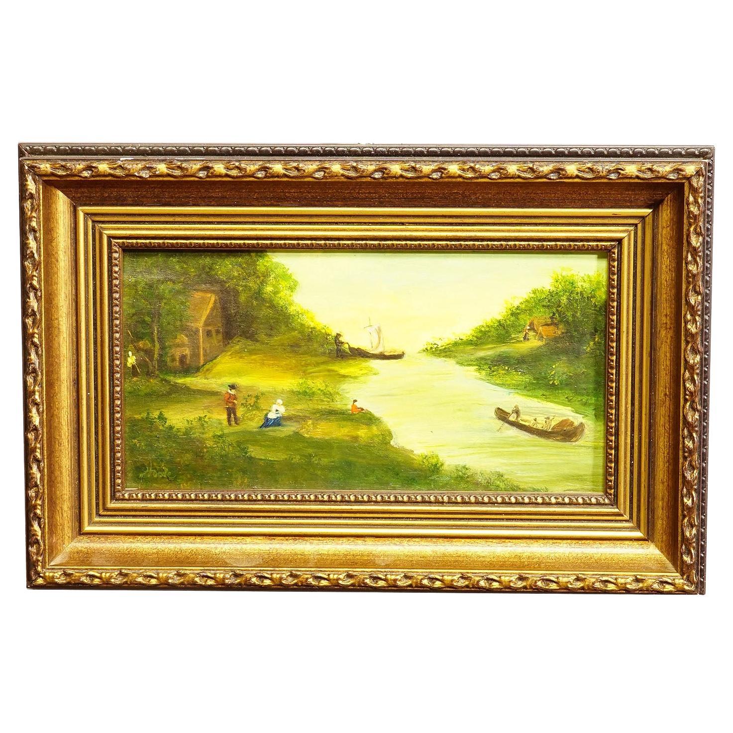 Peinture à l'huile vintage - Paysage de rivière victorien en vente