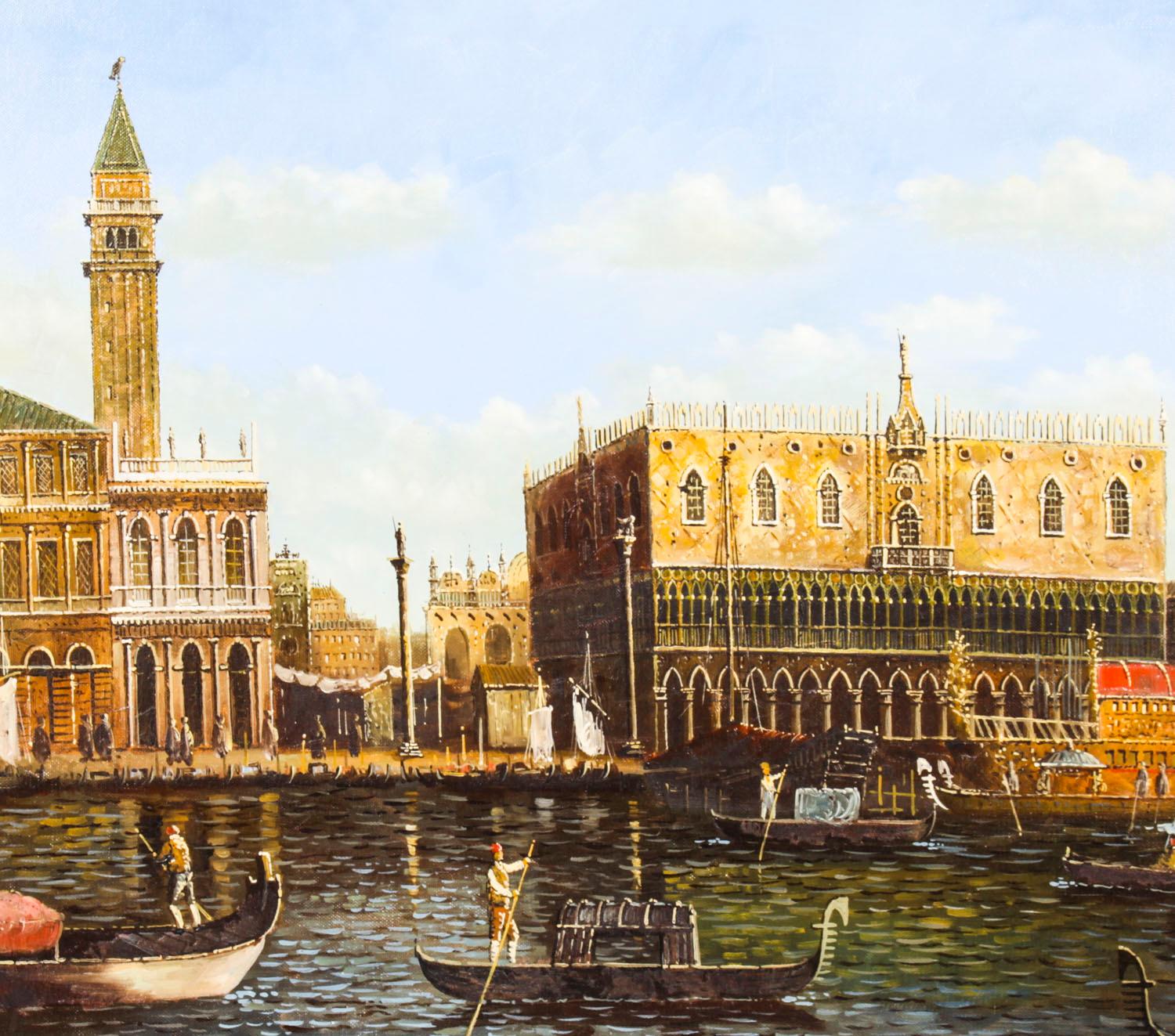 A beautiful oil on canvas painting of the view across the Grand Canal circa mid 20th century in date.

The painting features a beautiful view across the Grand Canal with Piazza San Marco and the Doges Palace.

Provenance:
Il Convivio
