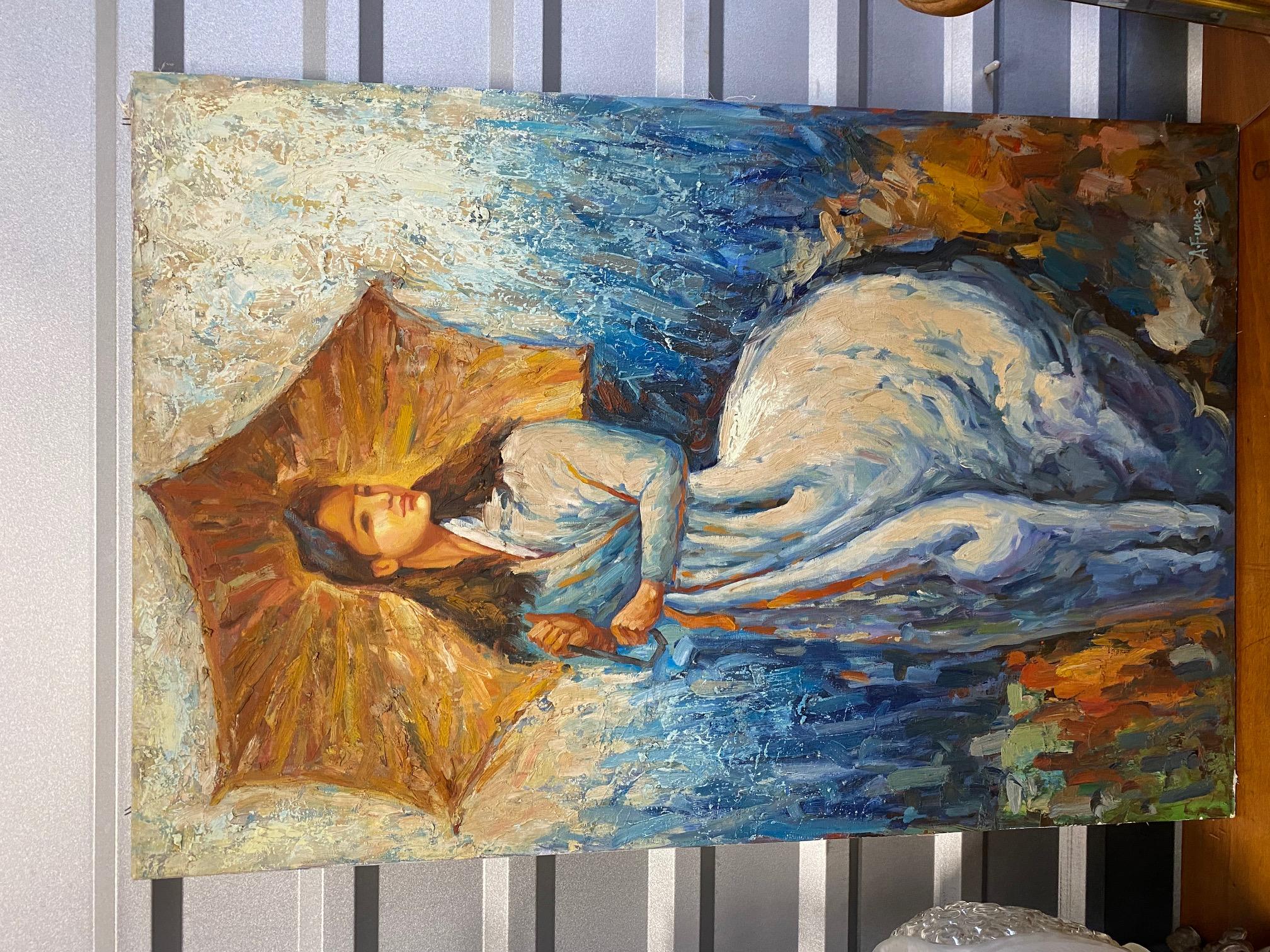 Peinture à l'huile vintage - Femme tenant un parapluie, artiste A. Funtes en vente 1