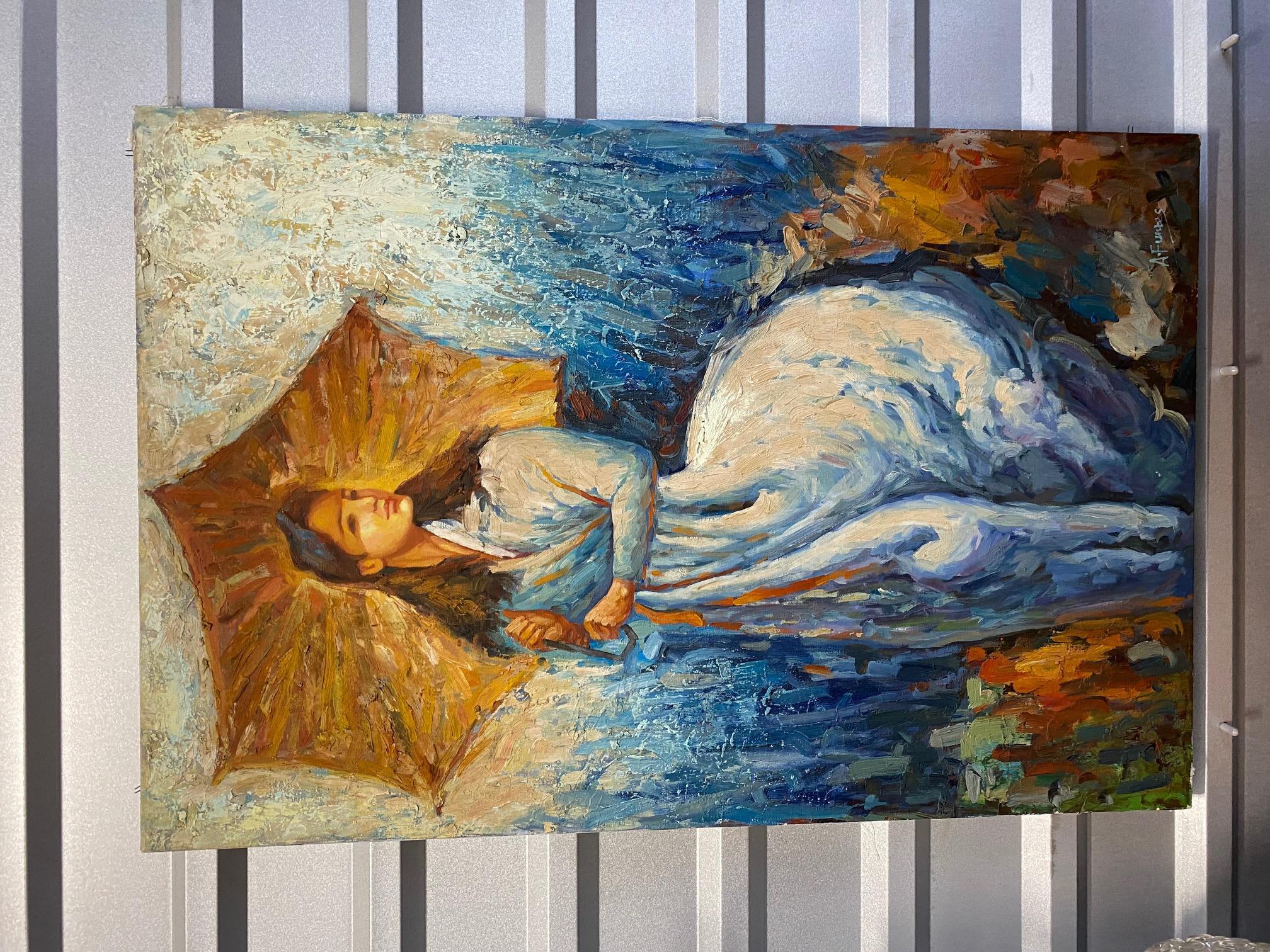 Peinture à l'huile vintage - Femme tenant un parapluie, artiste A. Funtes en vente 5