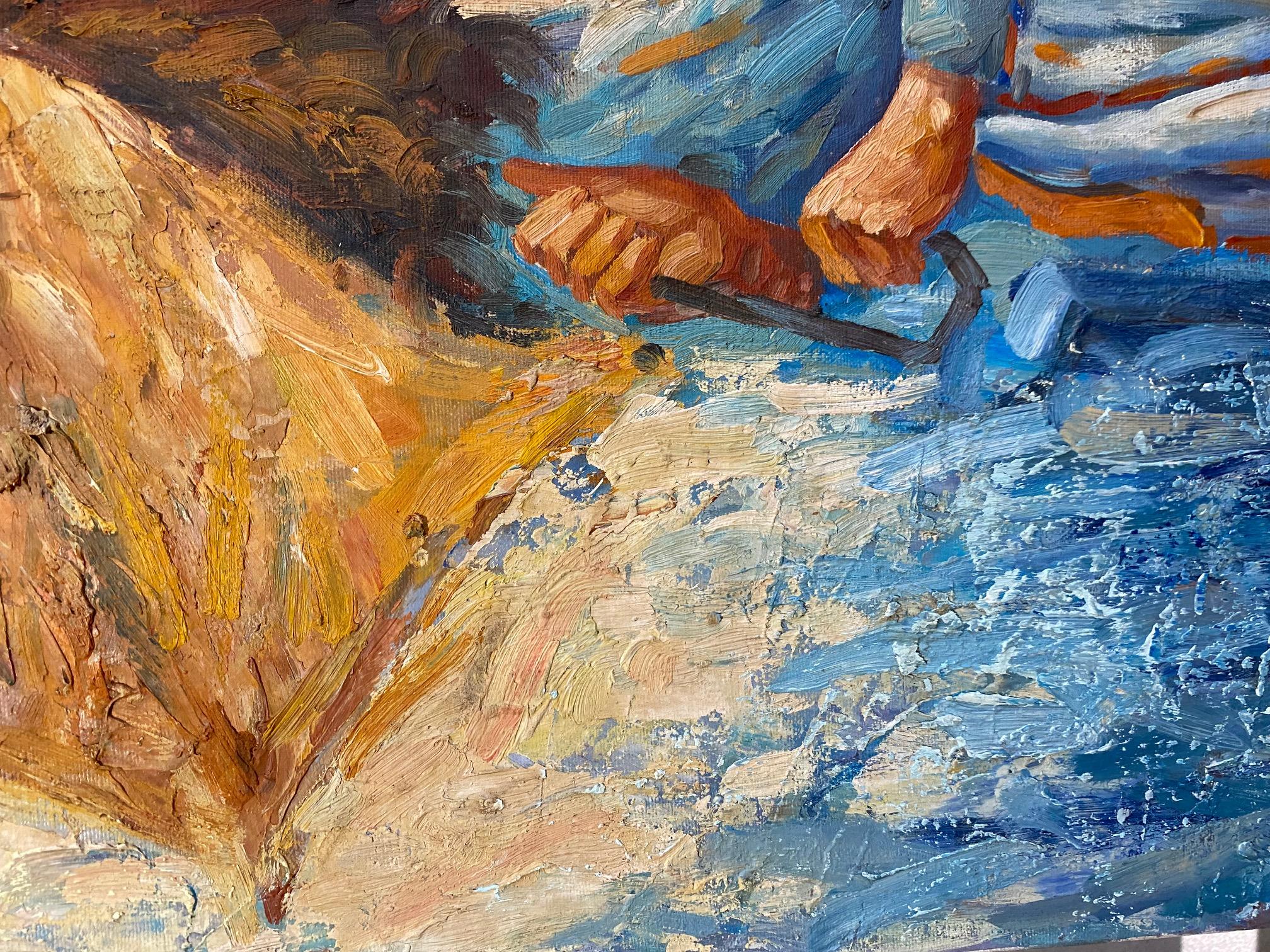 Belle peinture à l'huile vintage représentant une femme tenant un parapluie. La toile est en bon état. Les couleurs sont à la fois vibrantes et intrigantes. Cette pièce a été réalisée par A. Funtes.