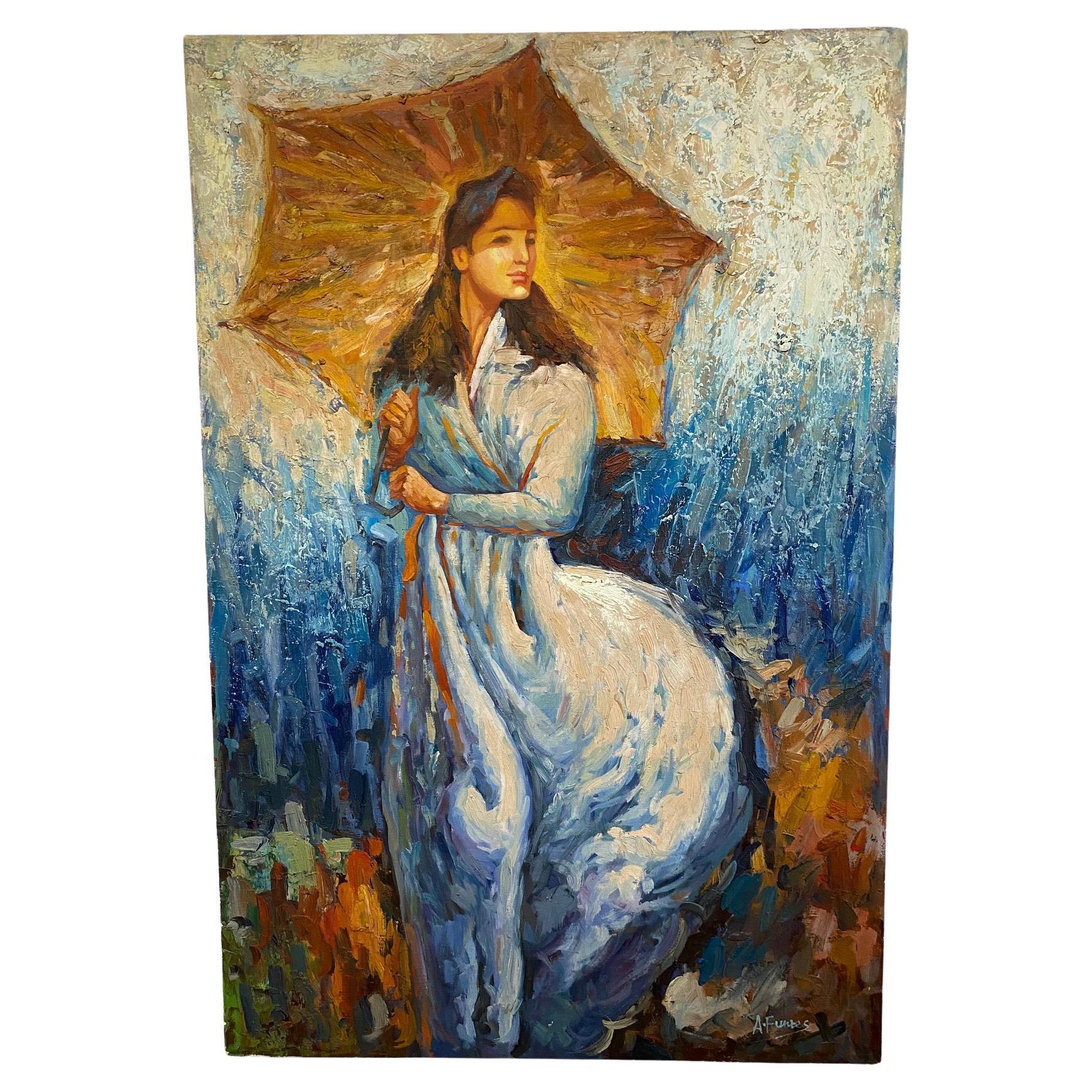 Vintage Oil Painting Woman Holding an Umbrella, Artist A. Funtes