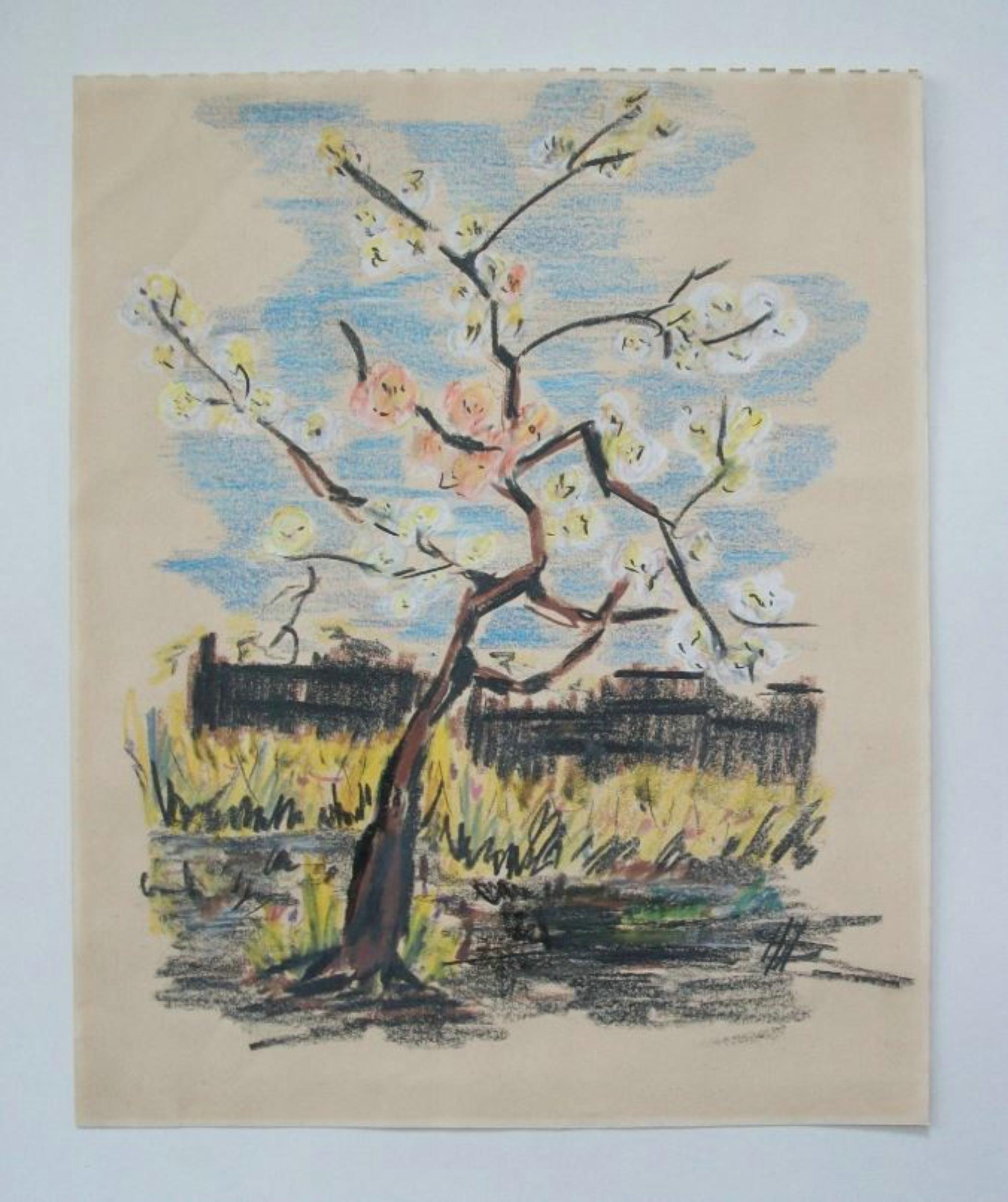 Vintage By Ölpastellzeichnung - Blüten (nach Van Gogh) - ungerahmt - 20. Jahrhundert (Moderne) im Angebot