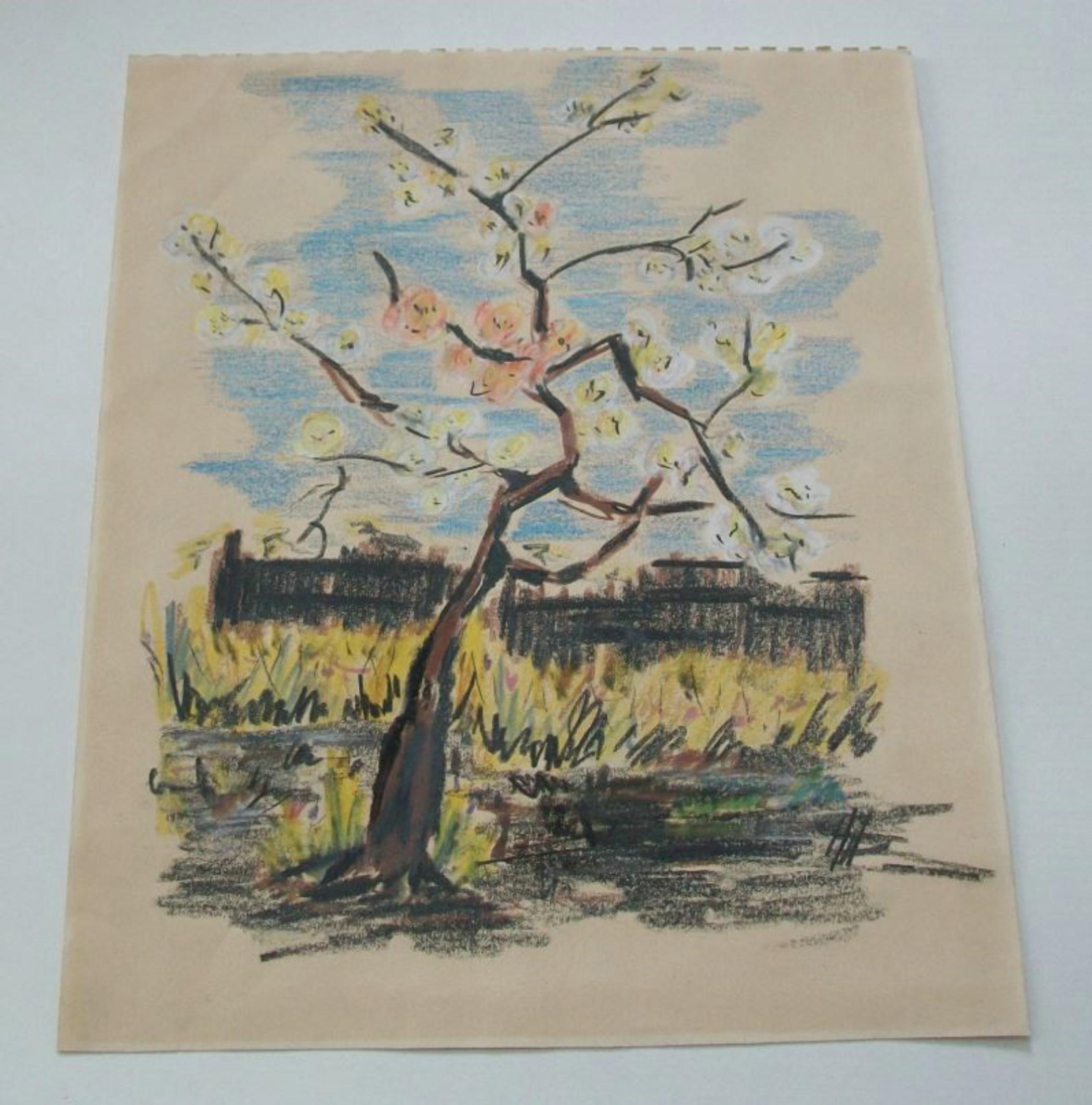 Vintage By Ölpastellzeichnung - Blüten (nach Van Gogh) - ungerahmt - 20. Jahrhundert (Niederländisch) im Angebot
