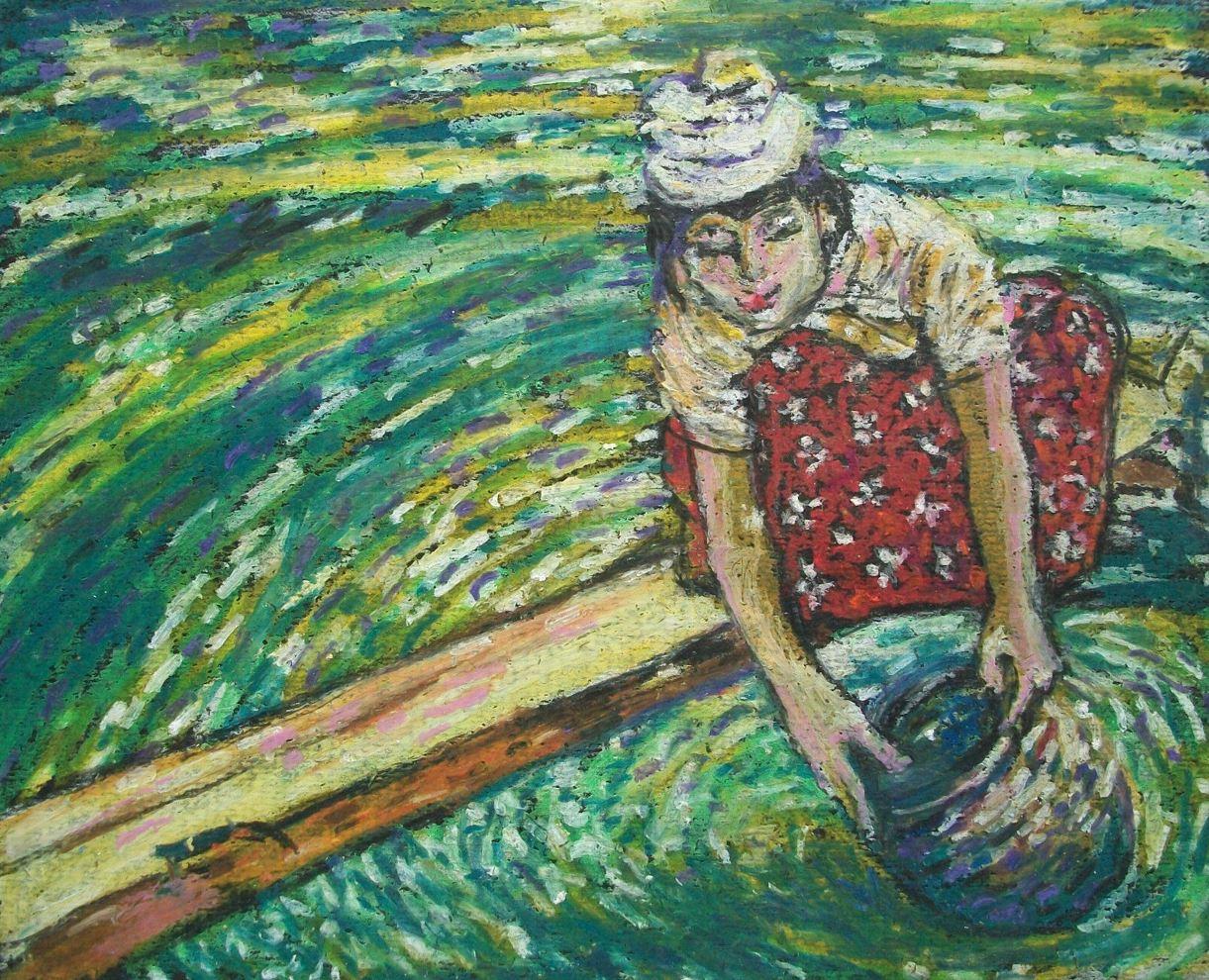 AUNG KHIN (1921-1996) Attributed - Vintage Impressionist style oil pastel and graphite drawing on black paper - featuring a young a Burmese girl perched on a plank collecting water - the vibrant surrounding greenery captured in the swirling pattern