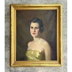 Vintage Oil Portrait of Woman in Gold Dress