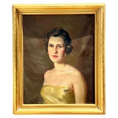 Vintage Oil Portrait of Woman in Gold Dress