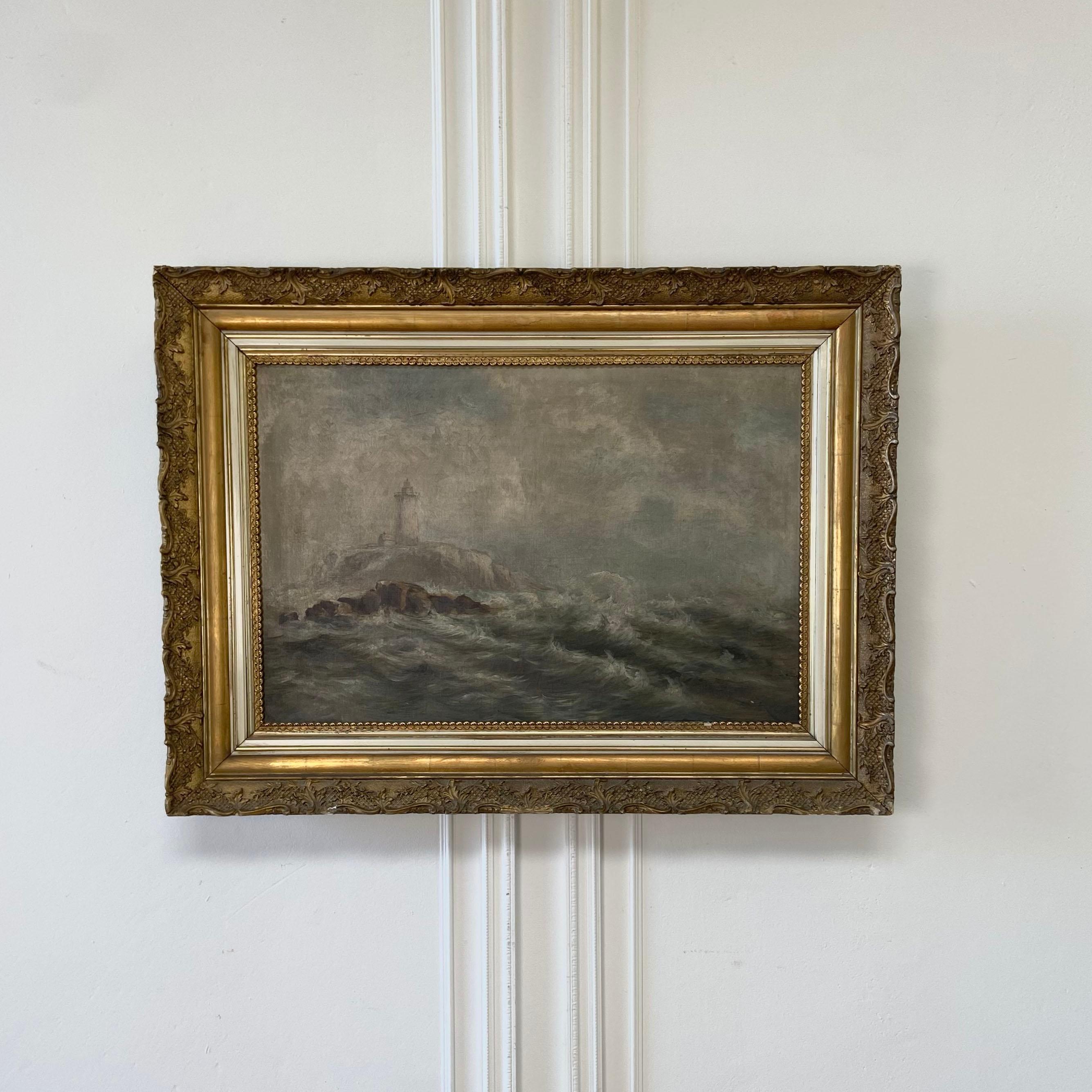 Antique oil painting of the sea in giltwood frame
Unsigned, this oil painting on canvas is framed in a chippy, giltwood frame.
The oil does have age signs with some peeling and fading.
We have not cleaned this item, we are selling as