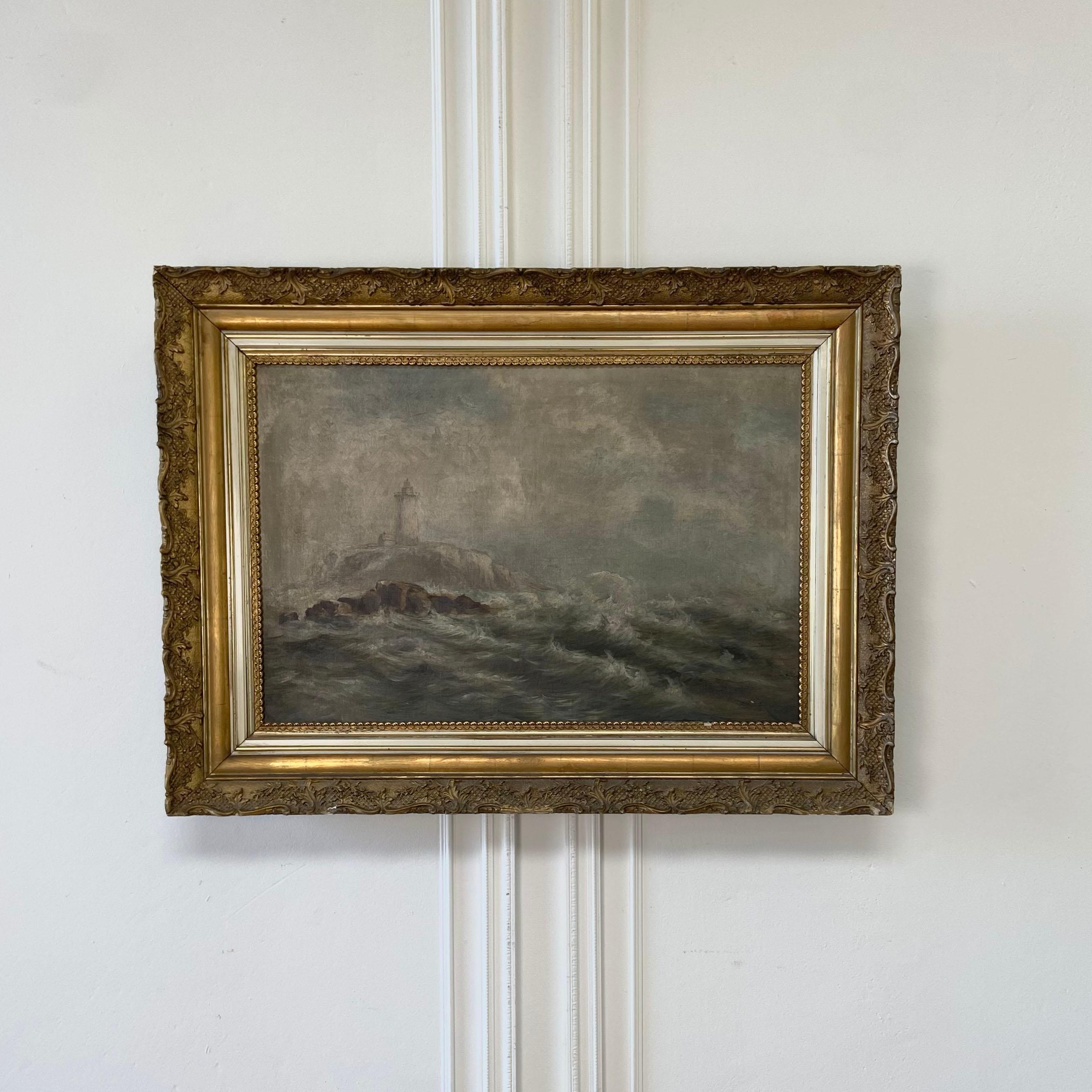 Antique oil painting of the sea in giltwood frame
Unsigned, this oil painting on canvas is framed in a chippy, giltwood frame.
The oil does have age signs with some peeling and fading.
We have not cleaned this item, we are selling as