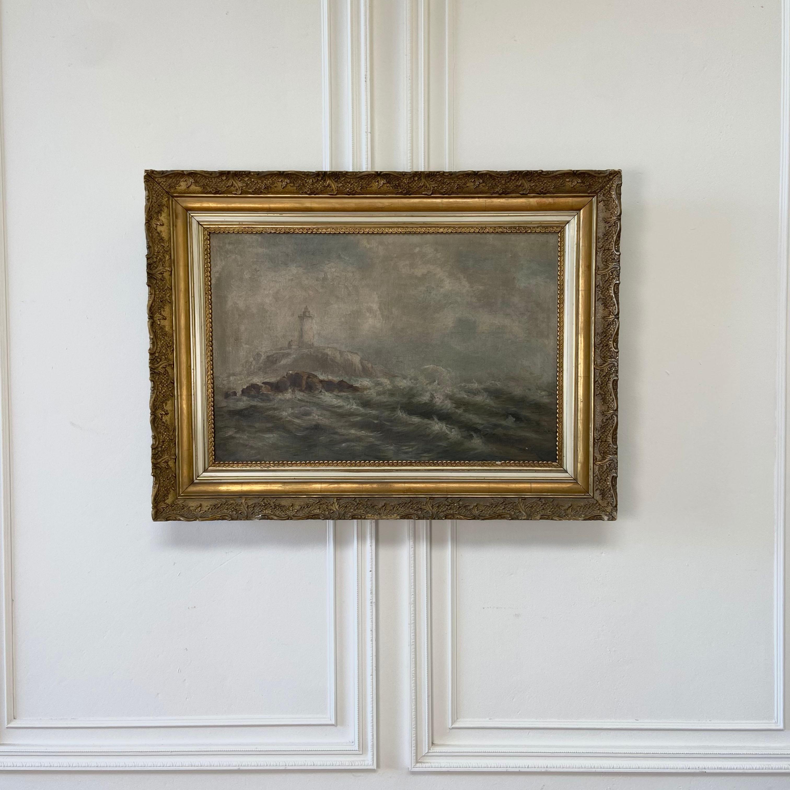 North American Vintage Oil Seascape in Giltwood Frame Unsigned For Sale