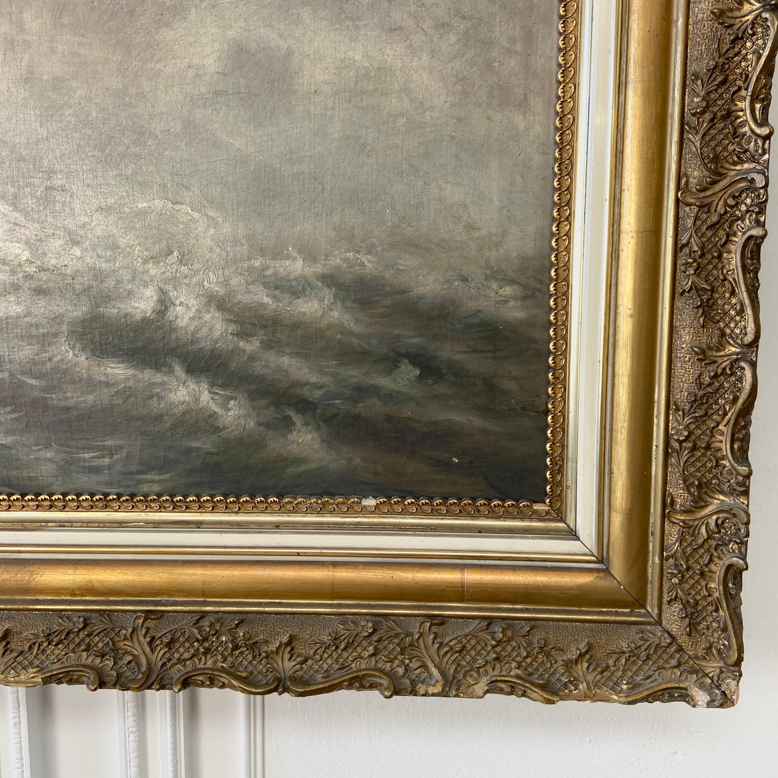 20ième siècle Paysage marin vintage à l'huile dans un cadre en bois doré, non signé en vente