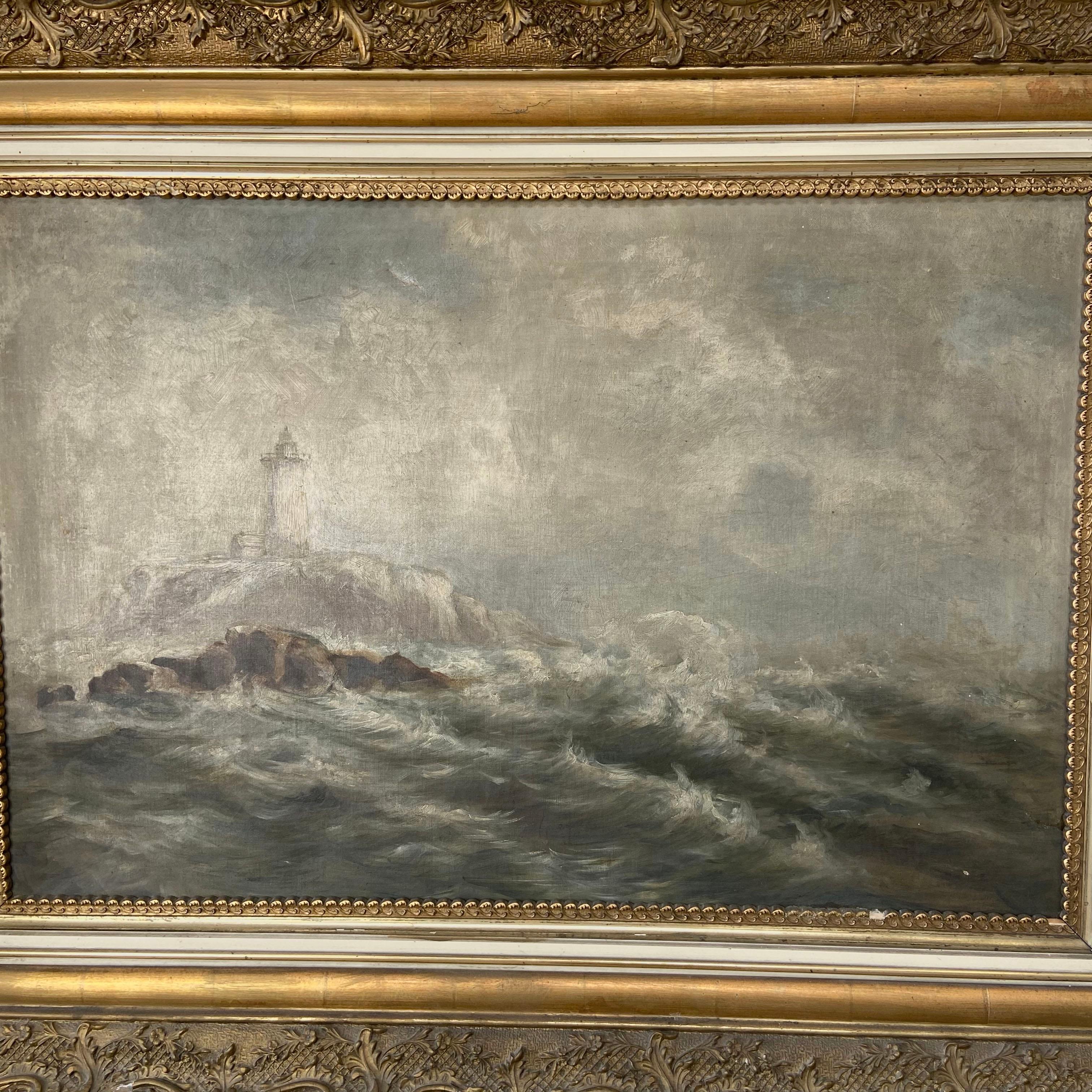 Canvas Vintage Oil Seascape in Giltwood Frame Unsigned For Sale