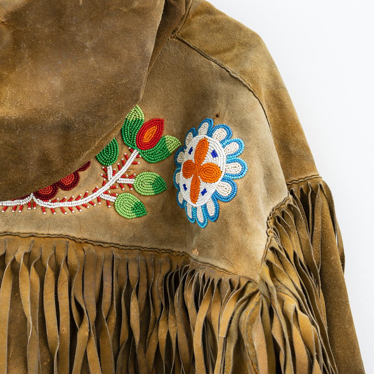 Vintage Ojibwe Bead Tasseled Moose Skin Trapper Coat First Nation Leather, 1950s 2