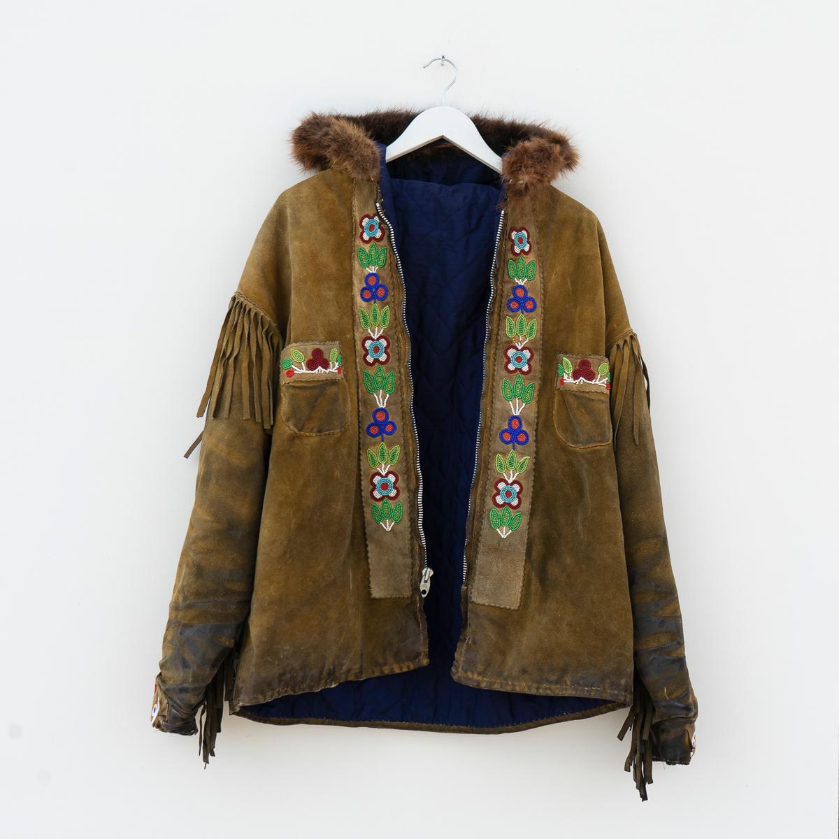 Canadian Vintage Ojibwe Bead Tasseled Moose Skin Trapper Coat First Nation Leather, 1950s