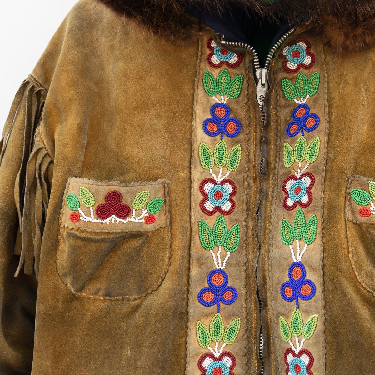 Beaded Vintage Ojibwe Bead Tasseled Moose Skin Trapper Coat First Nation Leather, 1950s