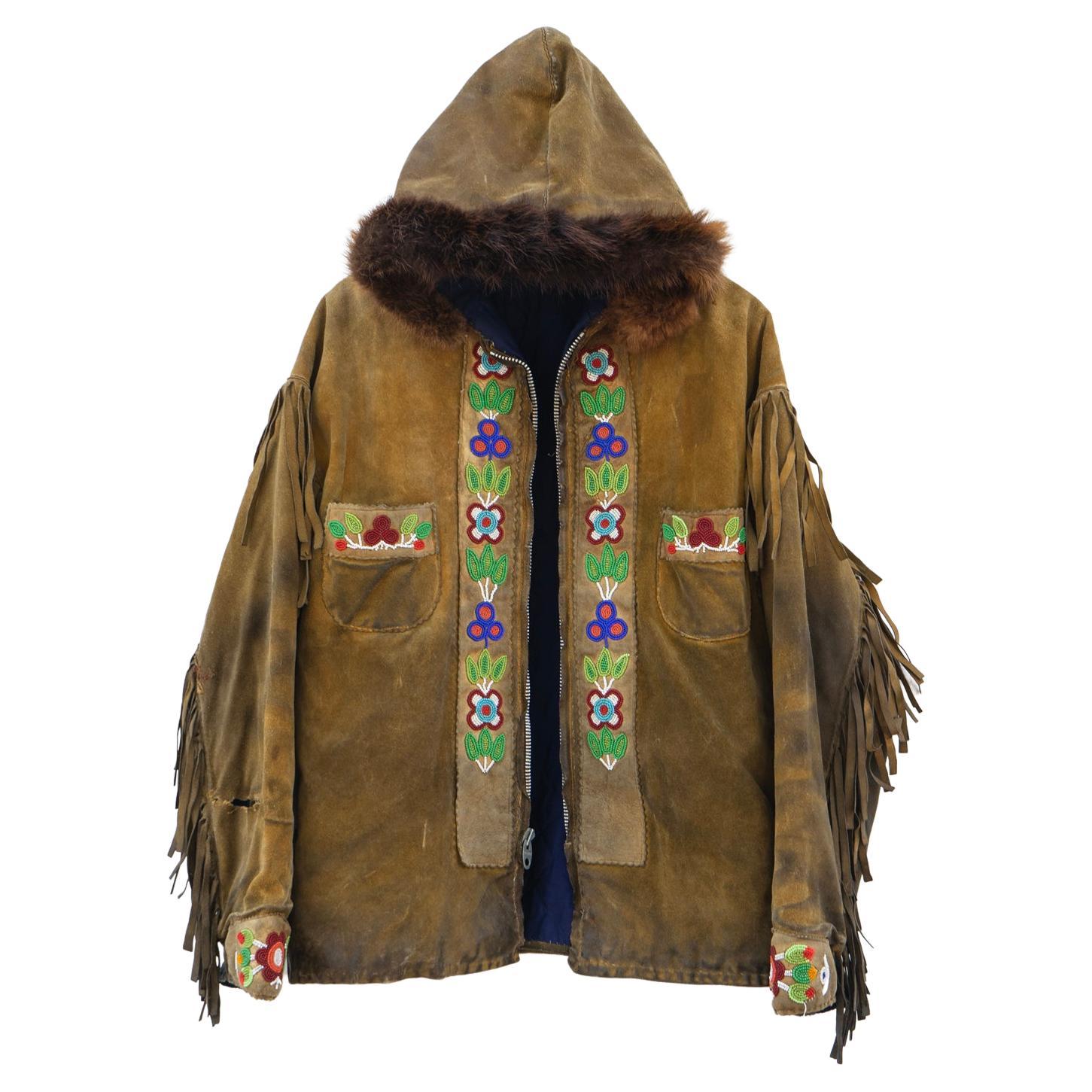 Vintage Ojibwe Bead Tasseled Moose Skin Trapper Coat First Nation Leather, 1950s