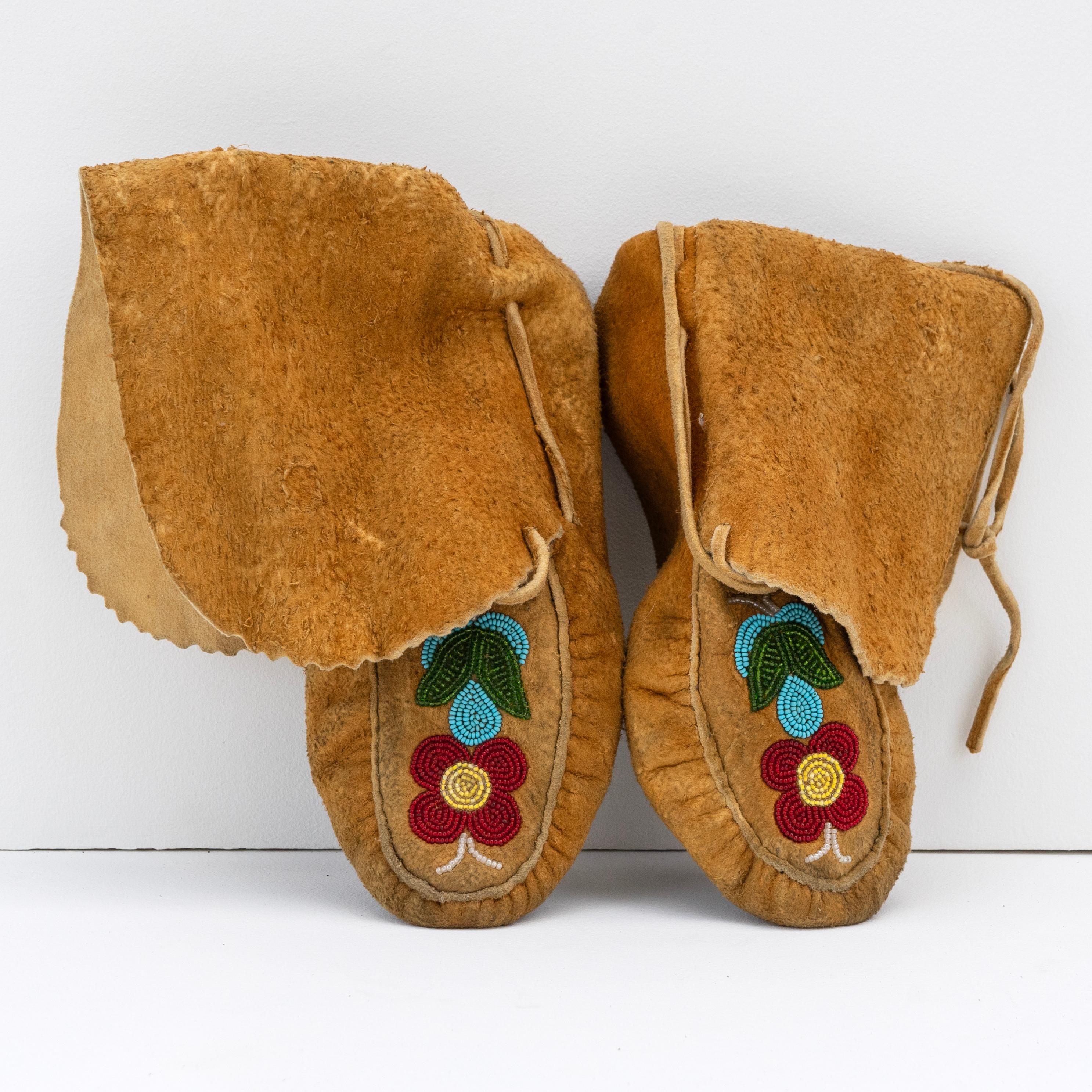 Canadian Vintage Ojibwe Beaded Moose Skin Moccasins, 1950s Leather First Nation Art
