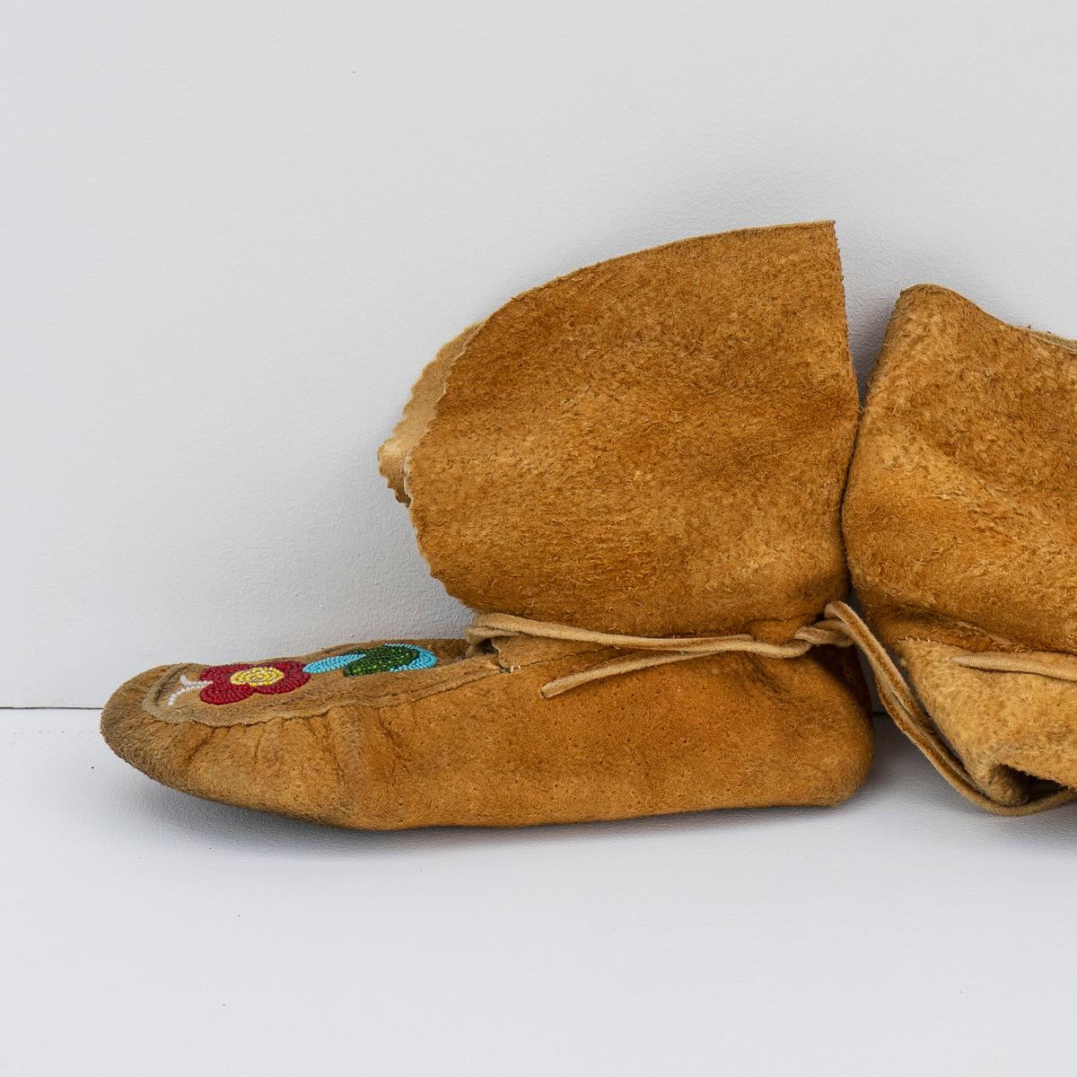 20th Century Vintage Ojibwe Beaded Moose Skin Moccasins, 1950s Leather First Nation Art