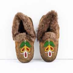 Vintage Ojibwe Beaded Moose Skin Moccasins, 1950s Leather First Nation