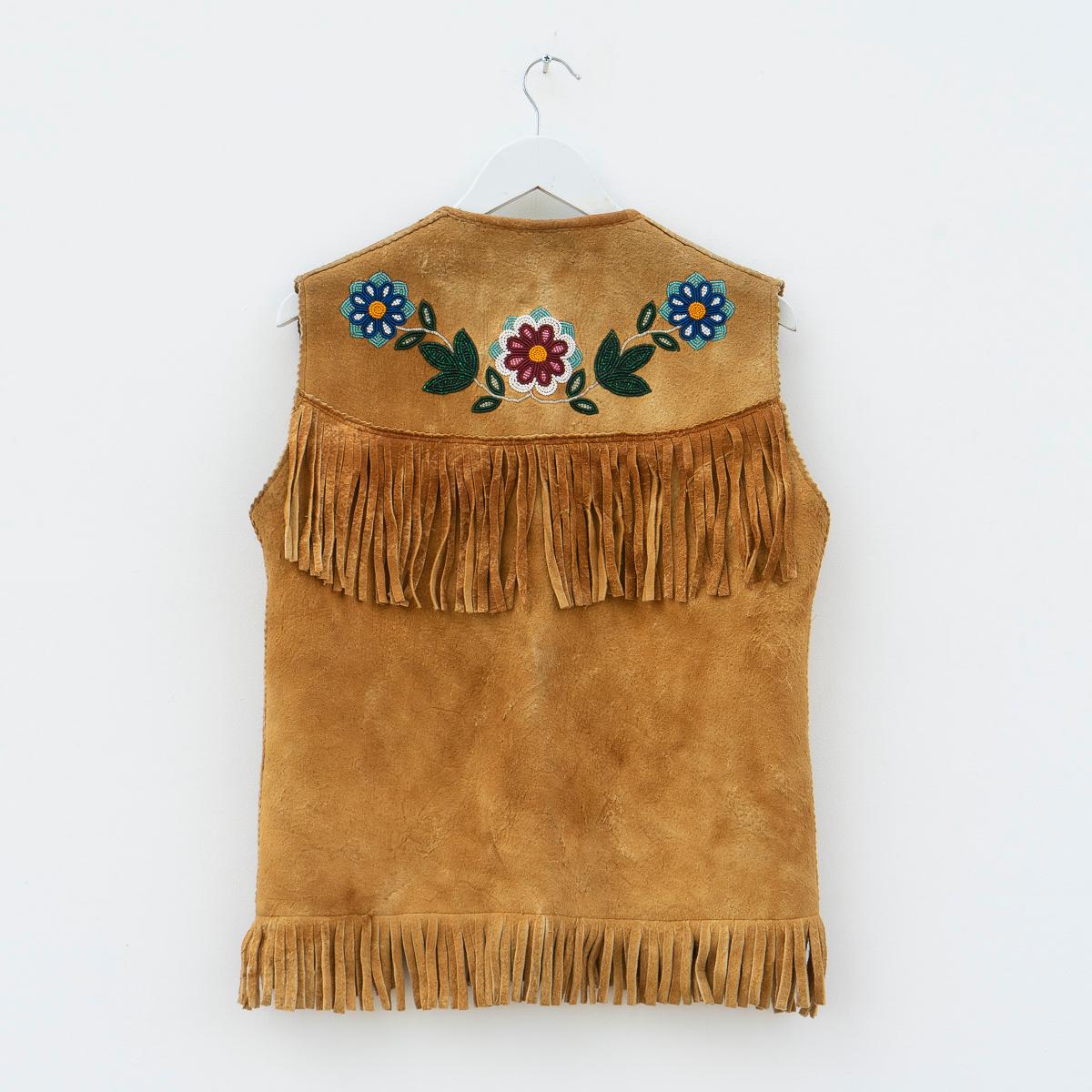 Native American Vintage Ojibwe Beaded Tasseled Moose Skin Vest 1950s Leather First Nation For Sale