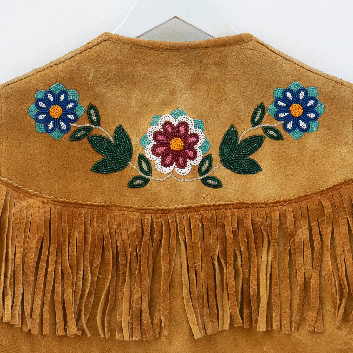 Canadian Vintage Ojibwe Beaded Tasseled Moose Skin Vest 1950s Leather First Nation For Sale