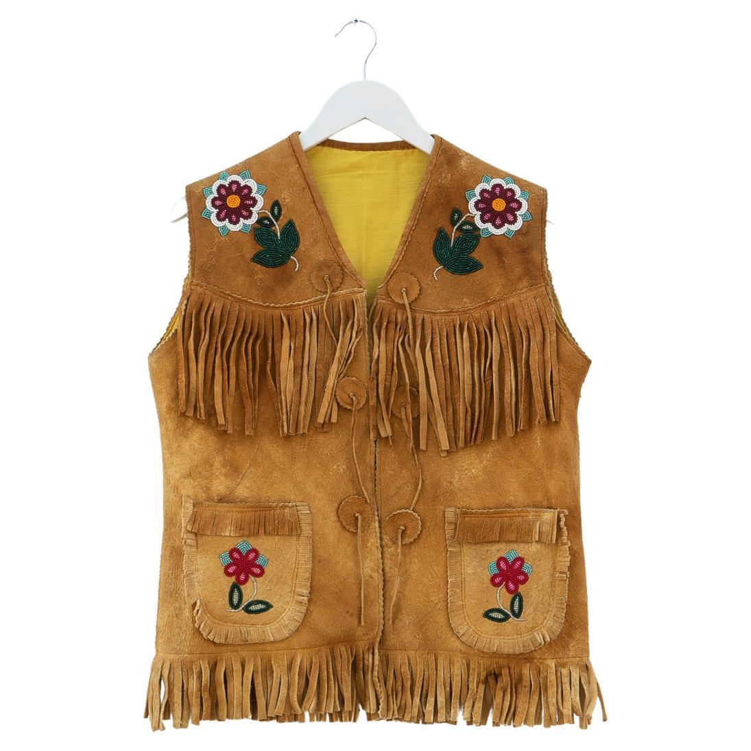 Vintage Ojibwe Beaded Tasseled Moose Skin Vest 1950s Leather First Nation For Sale