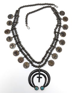 Vintage Old American Sterling Silver Handmade Dime Coin and Turquoise Necklace