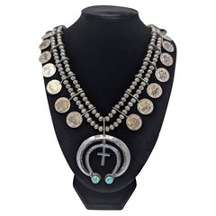 Vintage Old American Sterling Silver Handmade Dime Coin and Turquoise Necklace