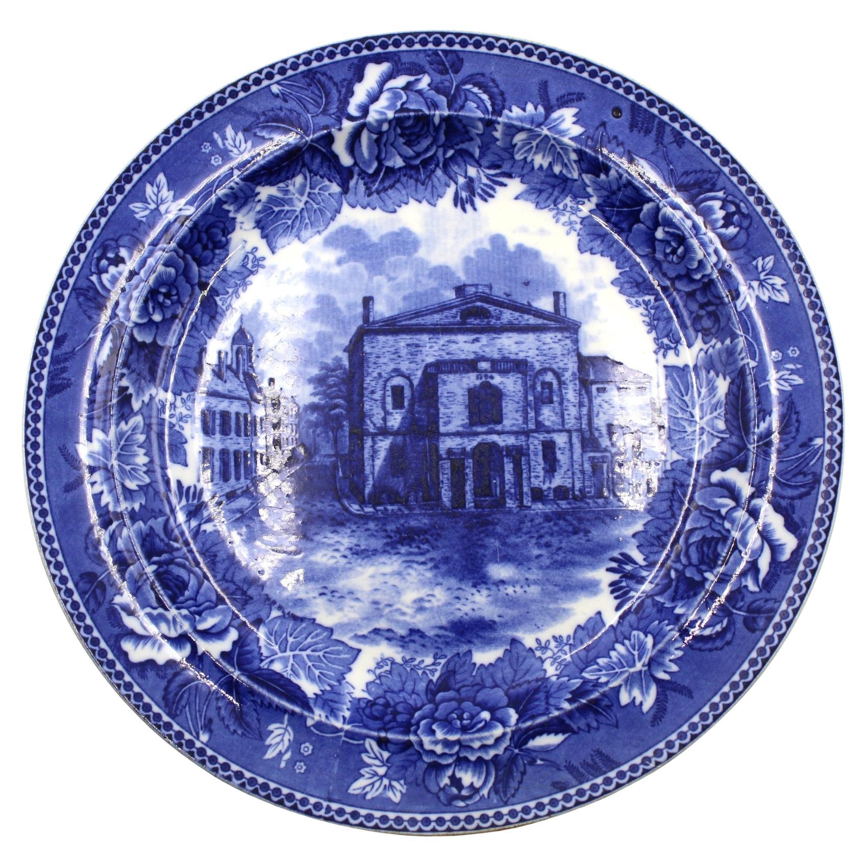Vintage "Old Boston Theatre" Blue Transferware Plate, 1899 For Sale
