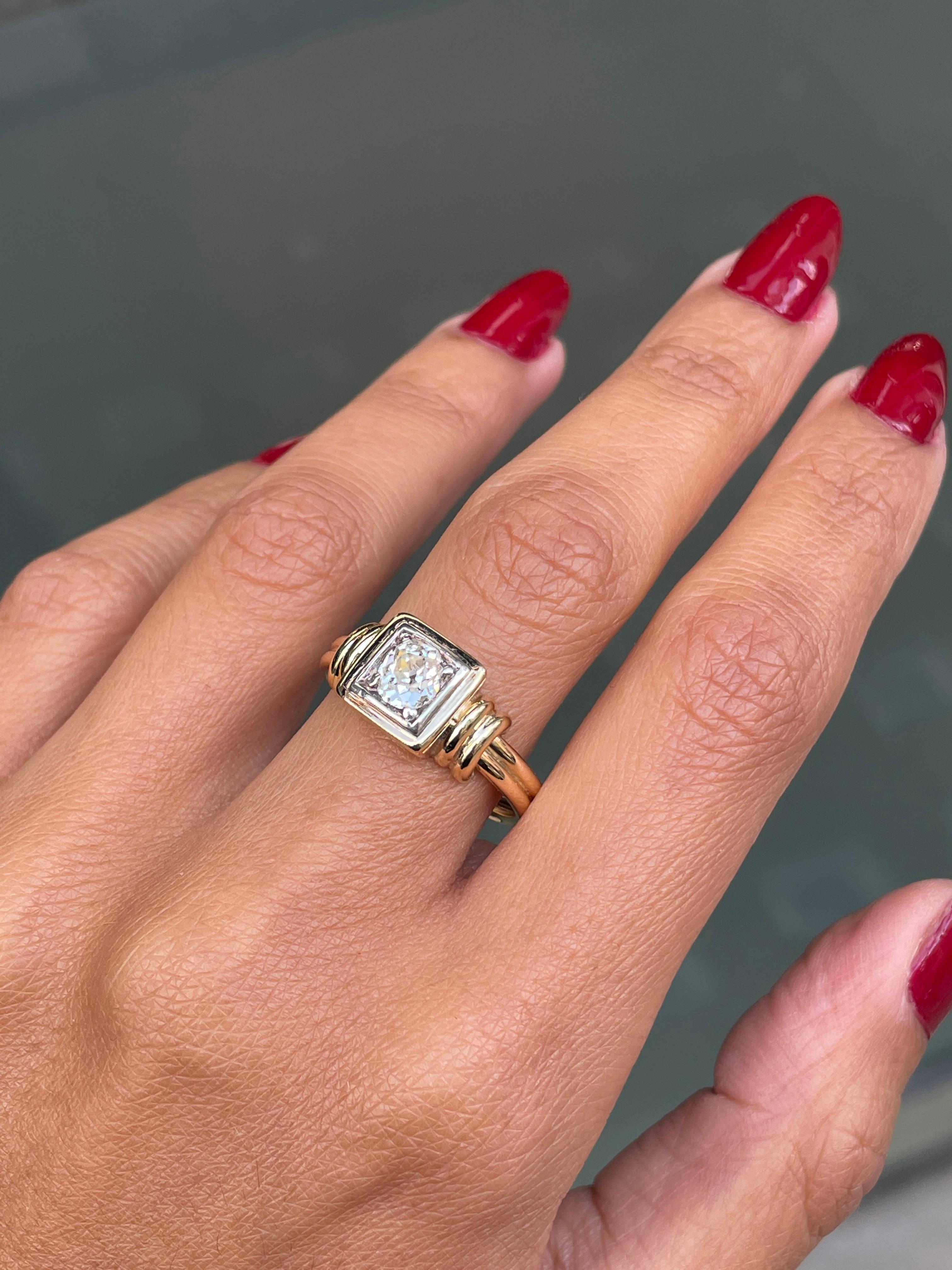 Vintage Old Cut Diamond 14 Carat Gold Box Set Engagement Ring For Sale 1