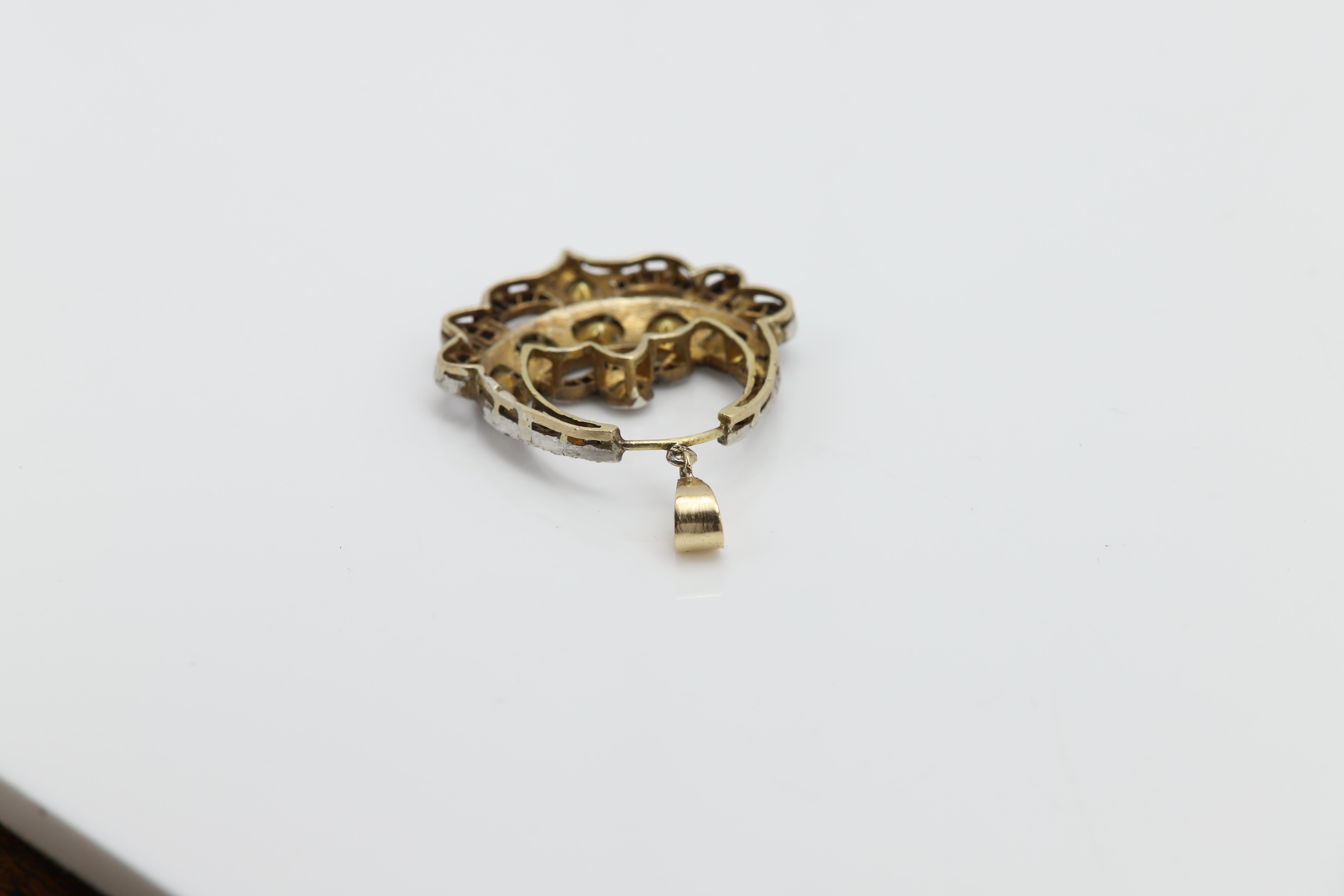 Vintage Old Cut Diamond 14 Karat Gold and Silver Pendant Circa 1920's For Sale 5