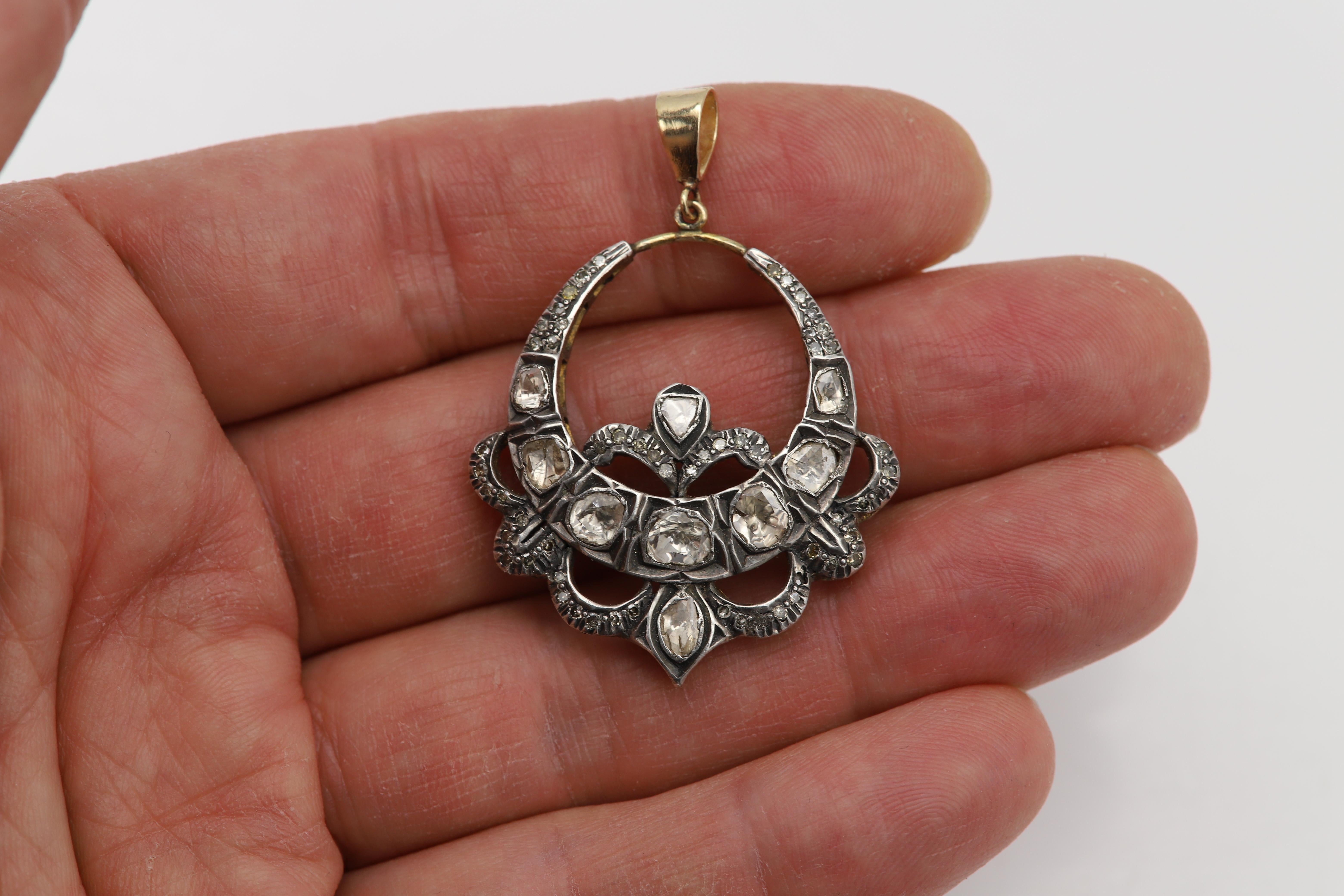 Vintage Old Cut Diamond 14 Karat Gold and Silver Pendant Circa 1920's For Sale 6