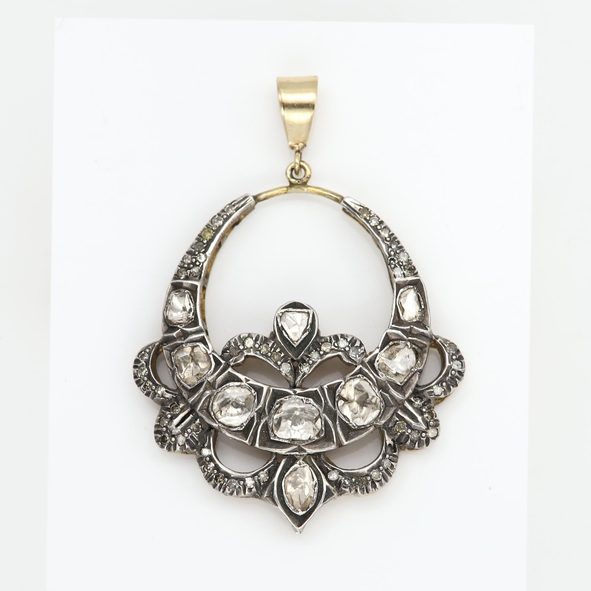 Vintage Old Cut Diamond 14 Karat Gold and Silver Pendant Circa 1920's For Sale 7