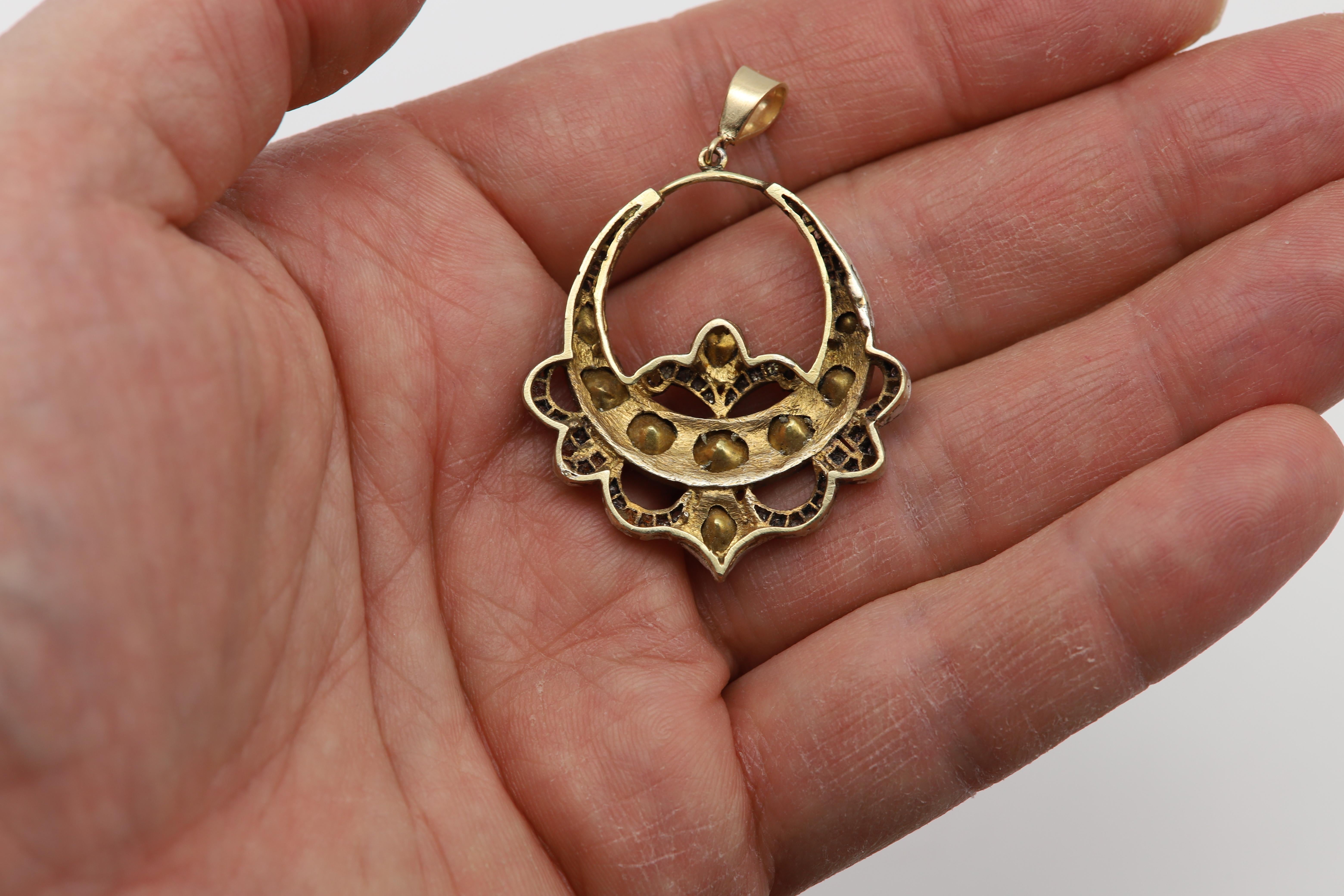Rose Cut Vintage Old Cut Diamond 14 Karat Gold and Silver Pendant Circa 1920's For Sale