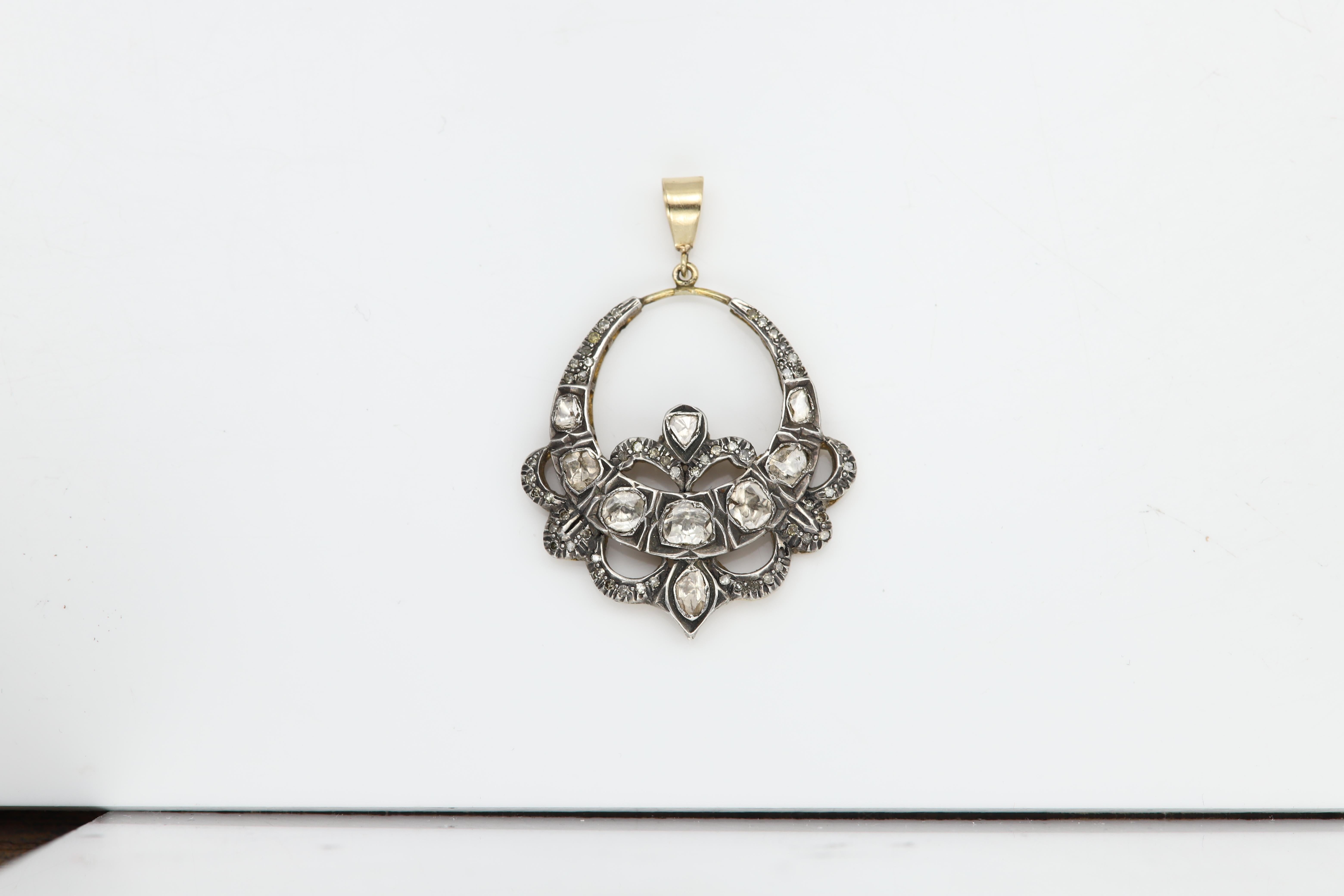 Vintage Old Cut Diamond 14 Karat Gold and Silver Pendant Circa 1920's In Fair Condition For Sale In Brooklyn, NY