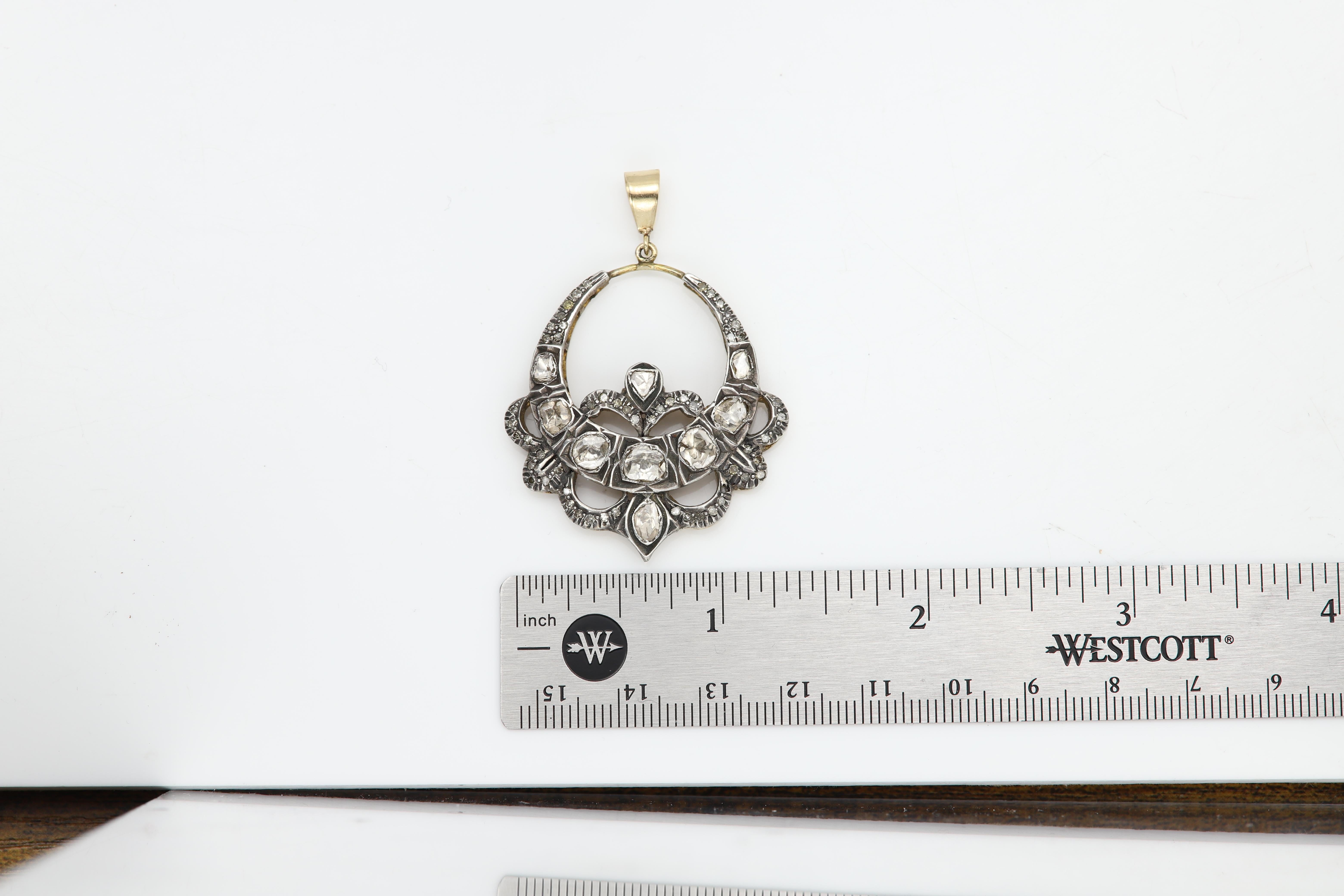 Women's Vintage Old Cut Diamond 14 Karat Gold and Silver Pendant Circa 1920's For Sale