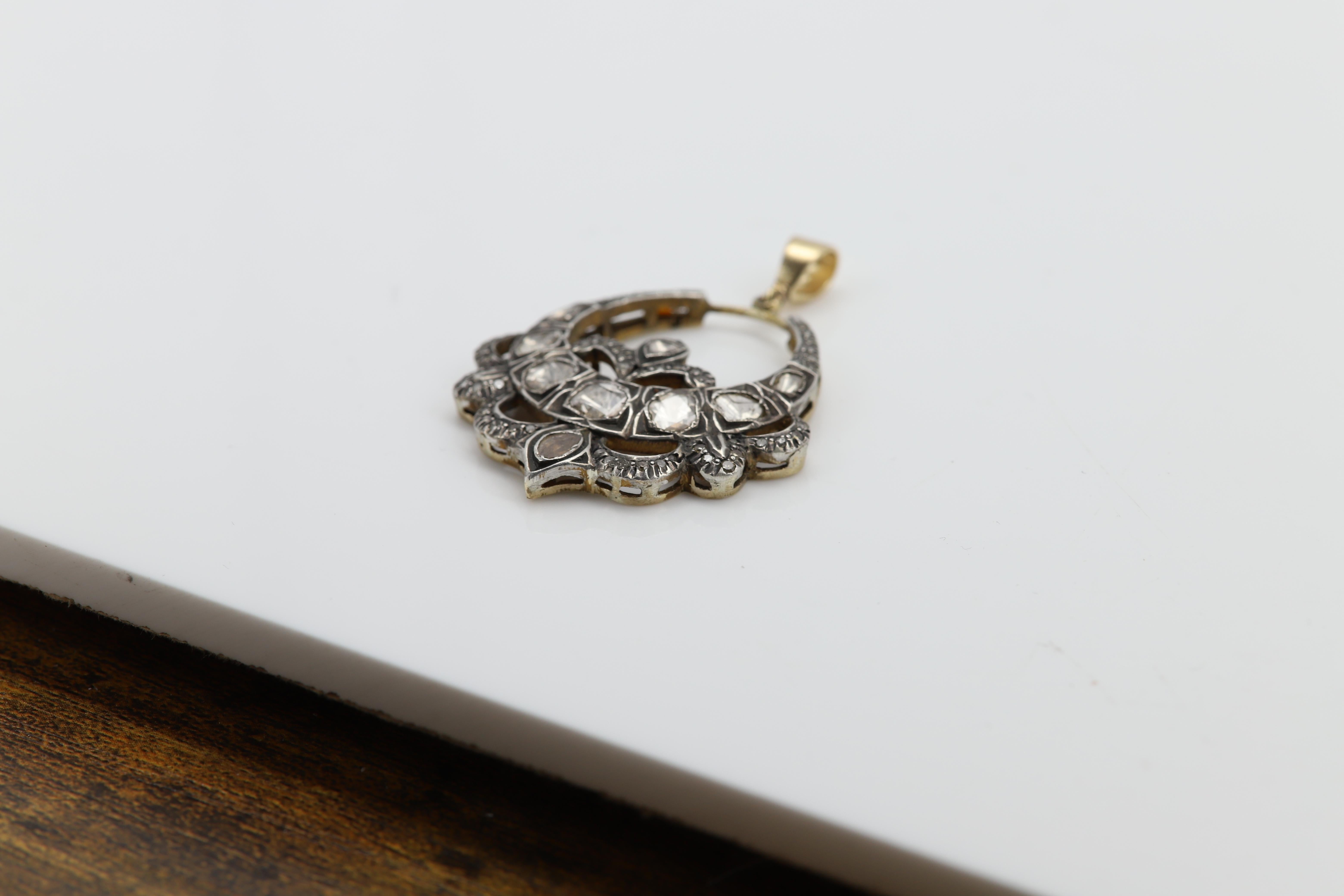 Vintage Old Cut Diamond 14 Karat Gold and Silver Pendant Circa 1920's For Sale 1