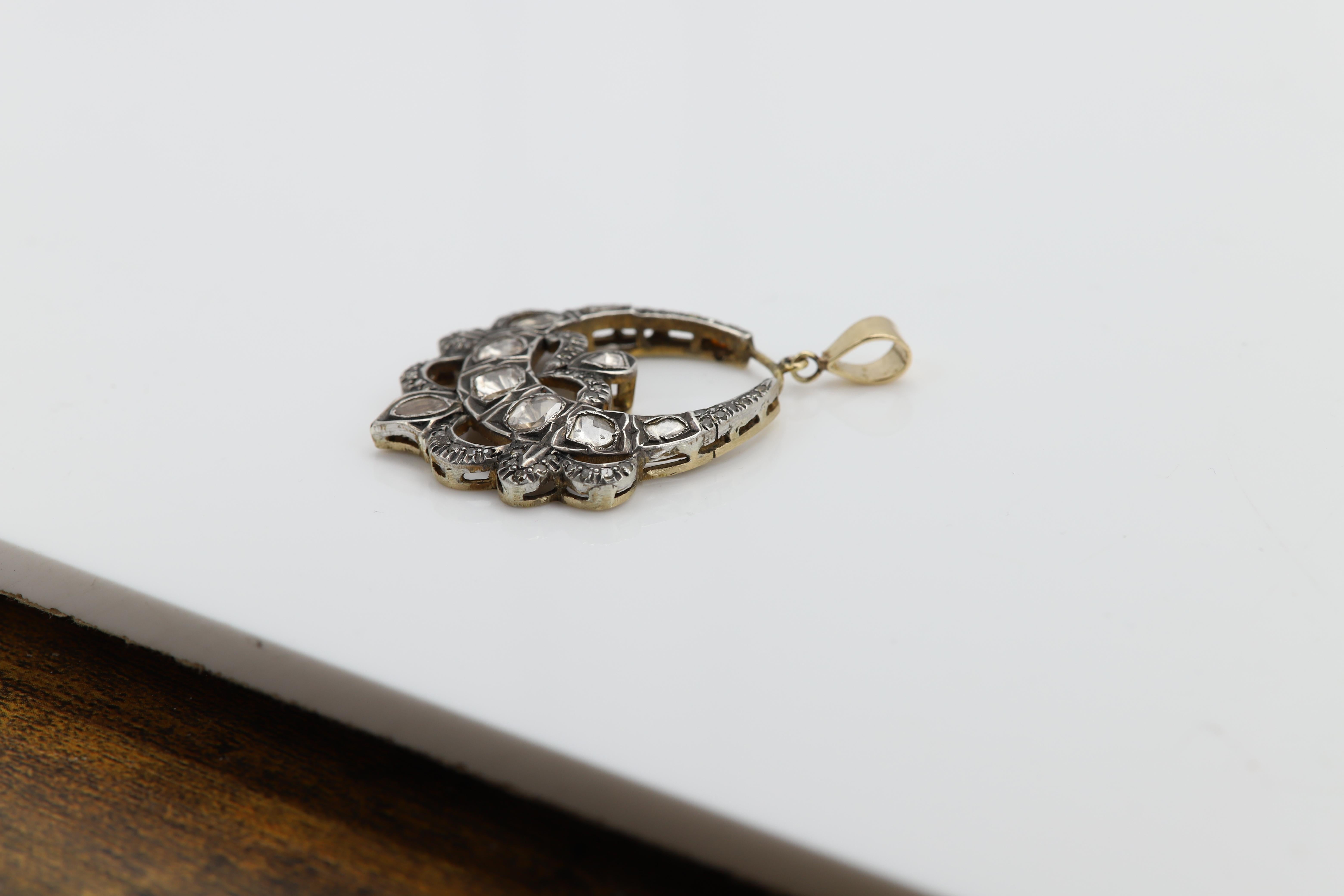 Vintage Old Cut Diamond 14 Karat Gold and Silver Pendant Circa 1920's For Sale 2