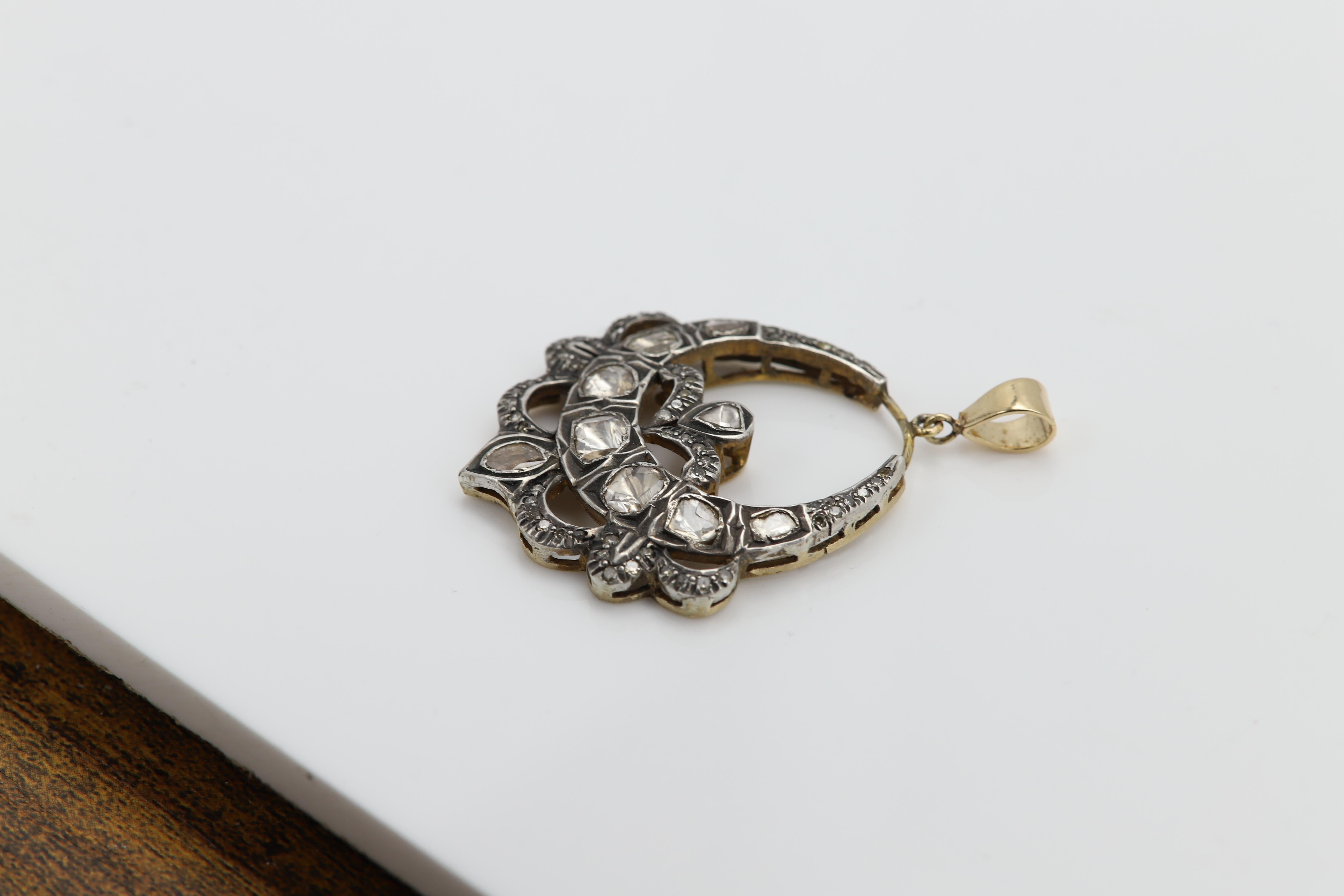 Vintage Old Cut Diamond 14 Karat Gold and Silver Pendant Circa 1920's For Sale 3